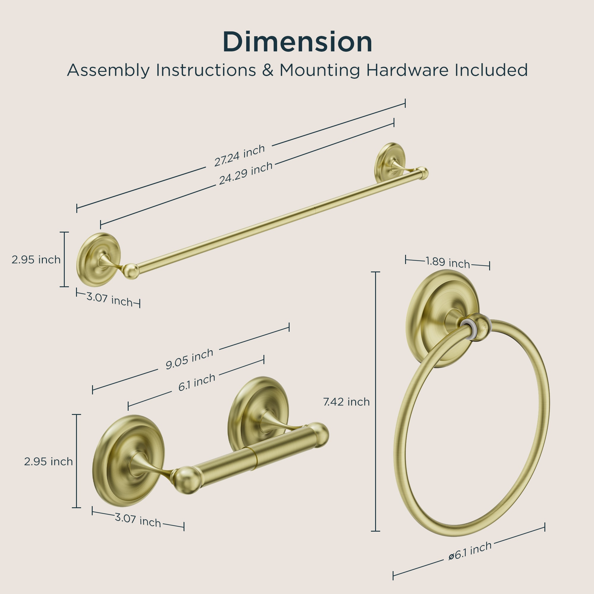 Juego de Accesorios de Baño Decorativos en Dorado de 3 Piezas FORIOUS: Barra de Toallas, Porta Papel Higiénico y Anillo para Toallas - Incluido LL19101G3A