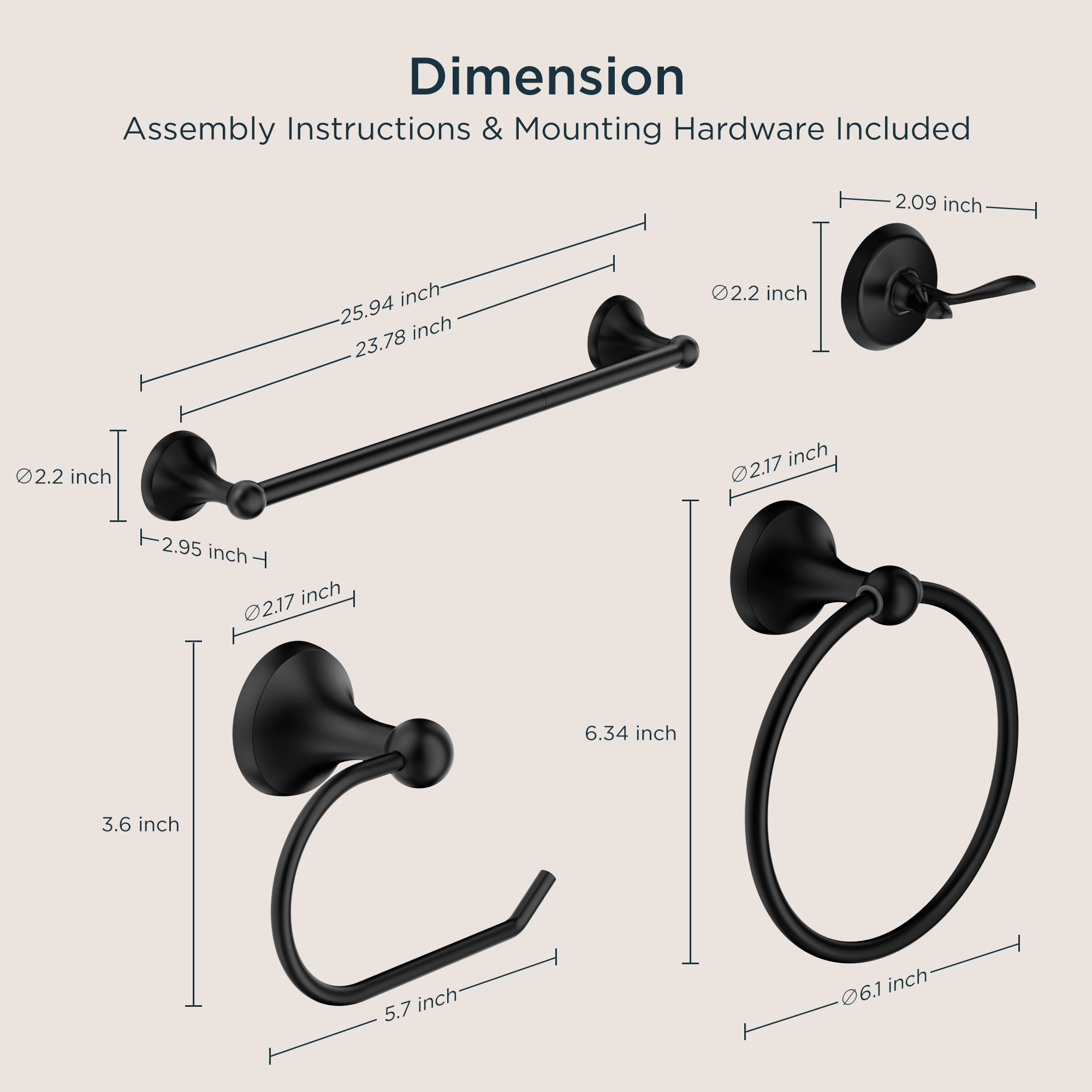 juego de accesorios de baño decorativos en negro mate de 4 piezas FORIOUS: barra de toallas, porta papel higiénico, argolla de toallas, gancho para batas incluido LL19102B4A