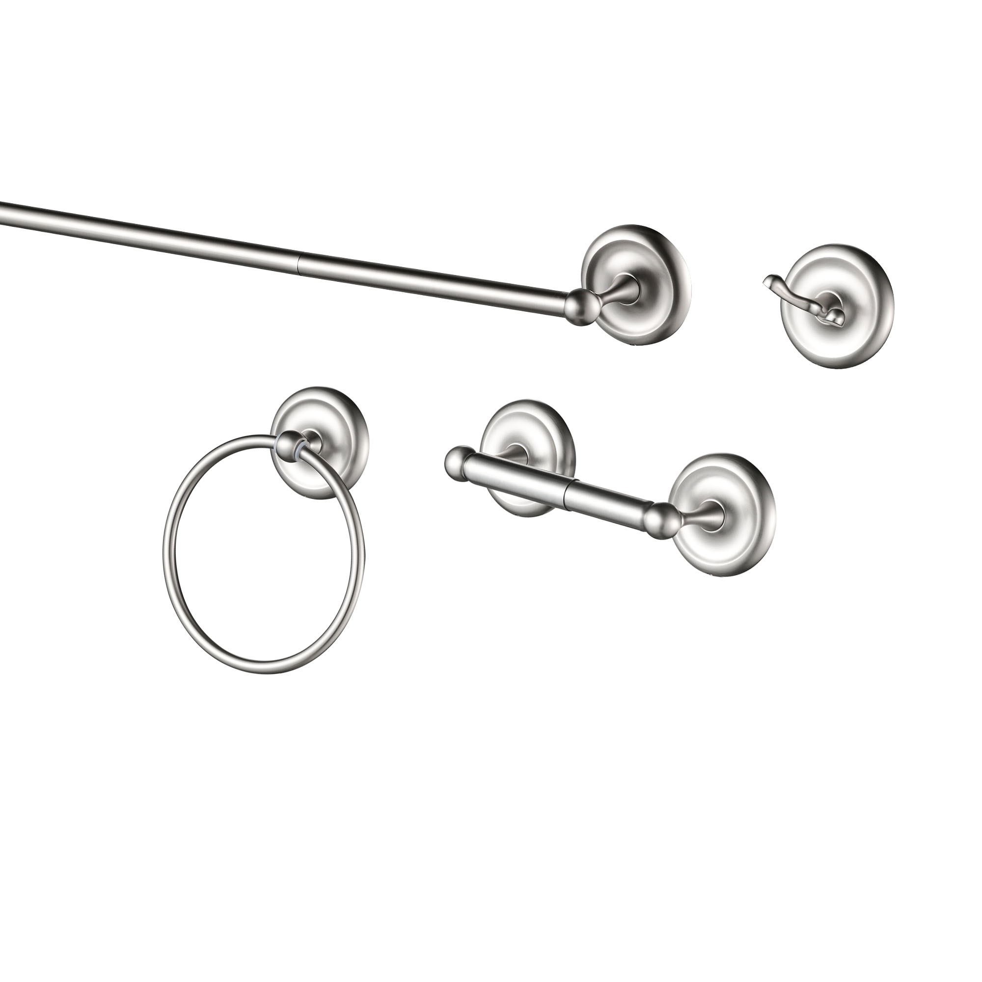 Juego de Accesorios de Baño Decorativos de Níquel Cepillado de 4 Piezas FORIOUS - Incluye Barra para Toallas, Porta Papel Higiénico, Anillo para Toallas y Gancho para Batas LL19101BN4A