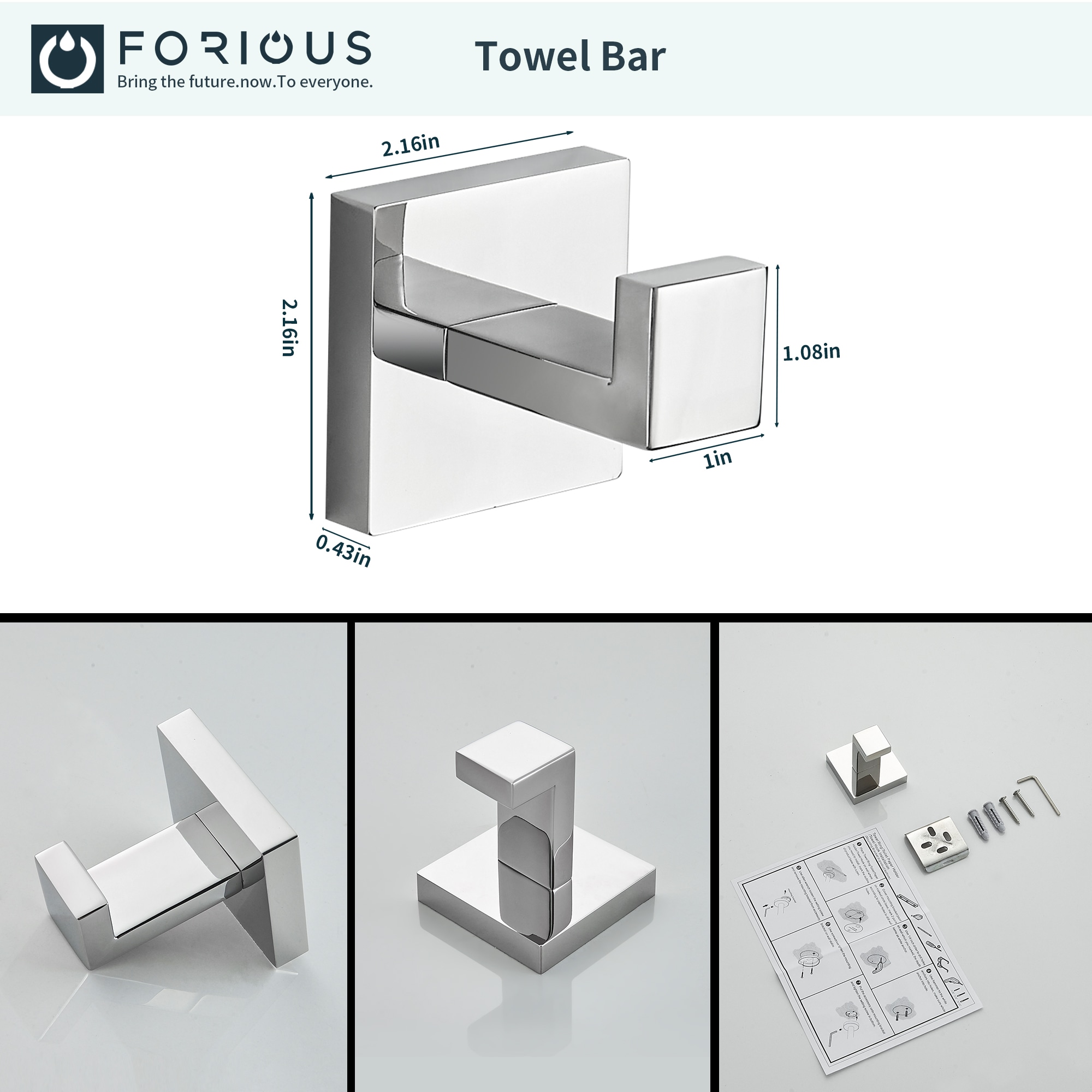Juego de accesorios decorativos para baño de cromo de 4 piezas de FORIOUS, que incluye barra de toallas, portarrollos de papel y gancho para batas LL19002CH4A.