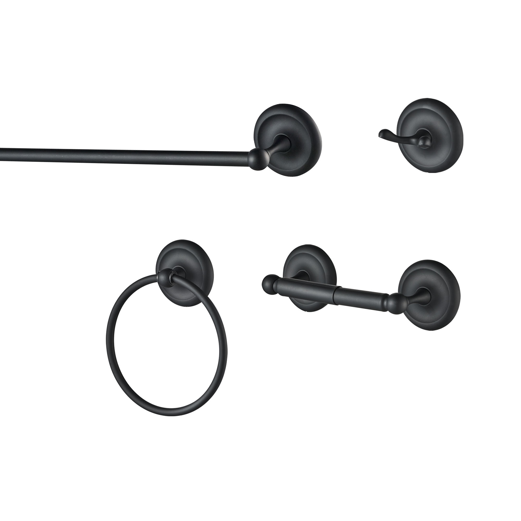 Juego de 4 Piezas de Accesorios de Baño Decorativos en Negro Mate de FORIOUS: Barra para Toallas, Porta Papel Higiénico, Argolla para Toallas, Gancho para Batas Incluidos LL19101B4A