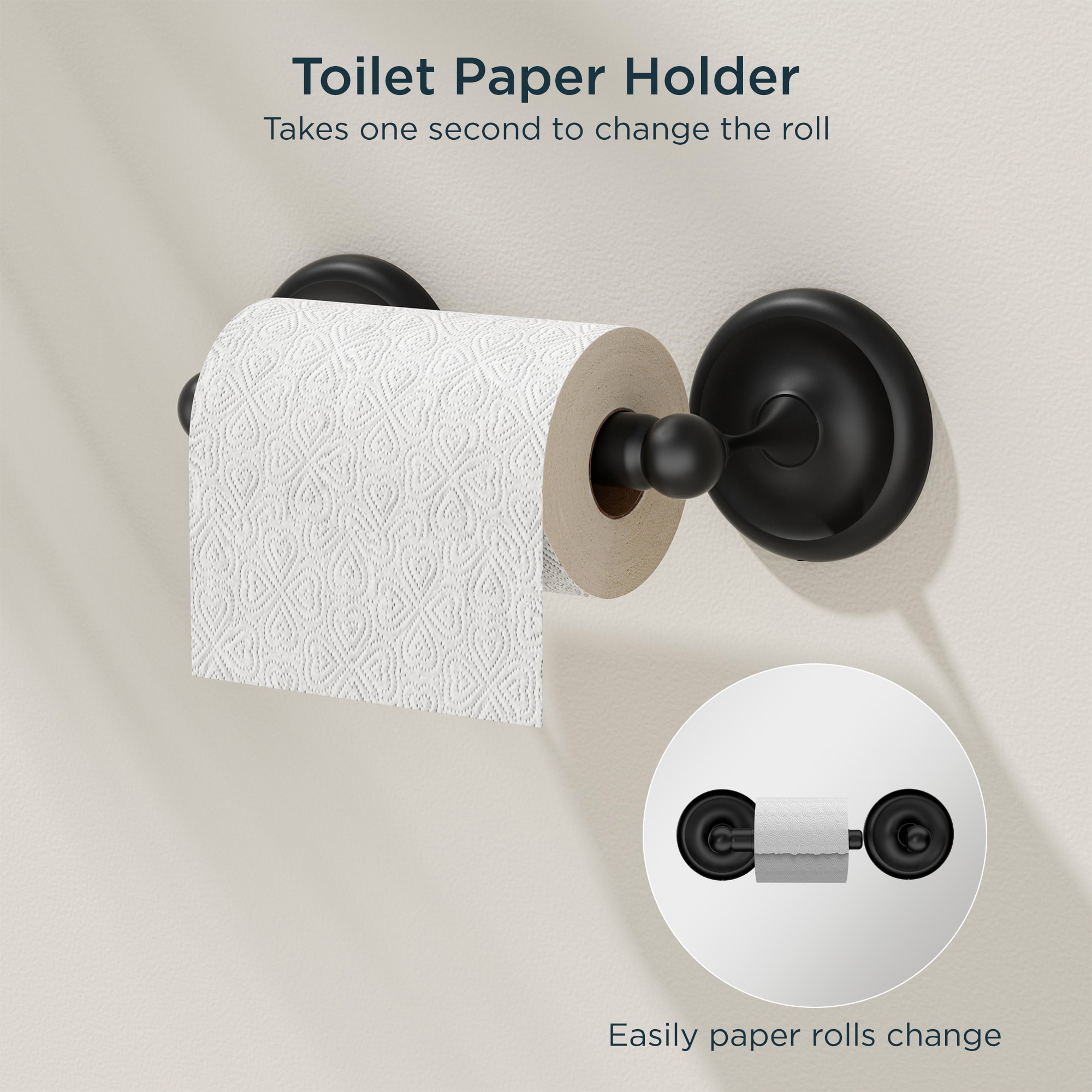 Juego de 4 Piezas de Accesorios de Baño Decorativos en Negro Mate de FORIOUS: Barra para Toallas, Porta Papel Higiénico, Argolla para Toallas, Gancho para Batas Incluidos LL19101B4A