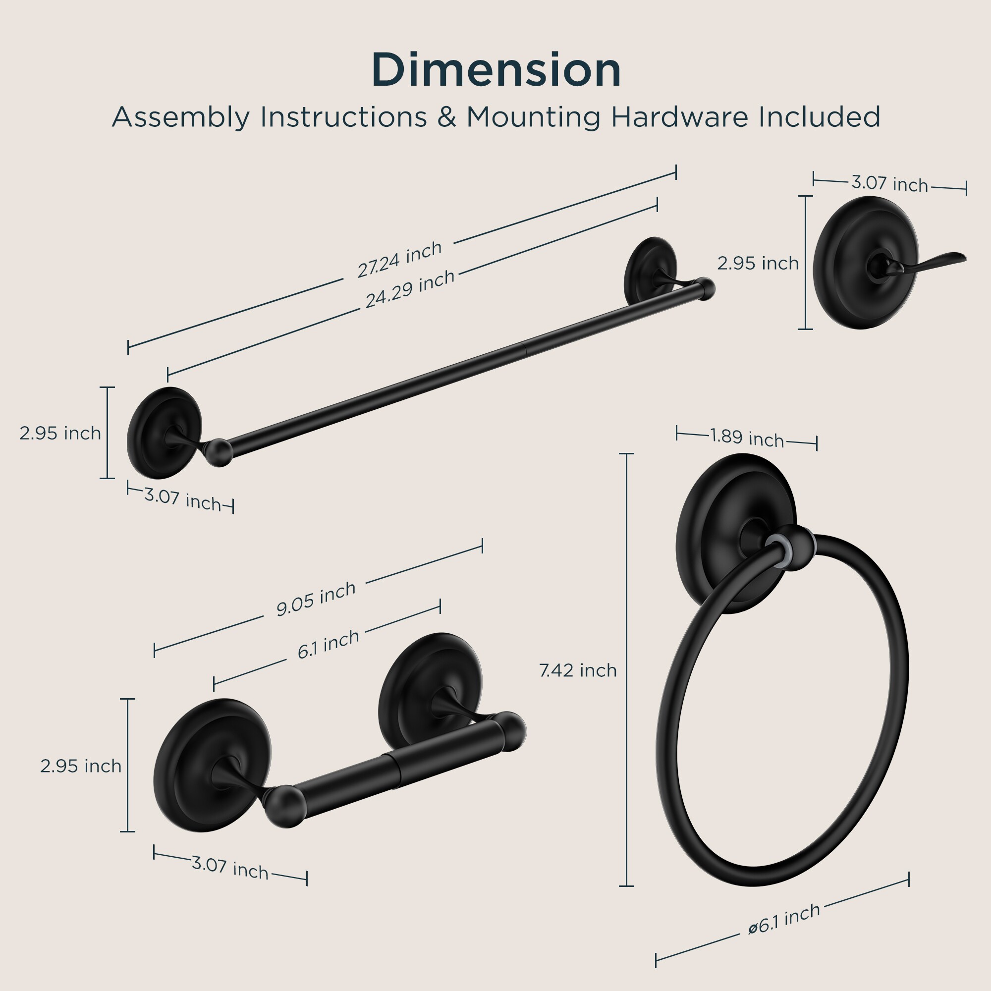 Juego de 4 Piezas de Accesorios de Baño Decorativos en Negro Mate de FORIOUS: Barra para Toallas, Porta Papel Higiénico, Argolla para Toallas, Gancho para Batas Incluidos LL19101B4A