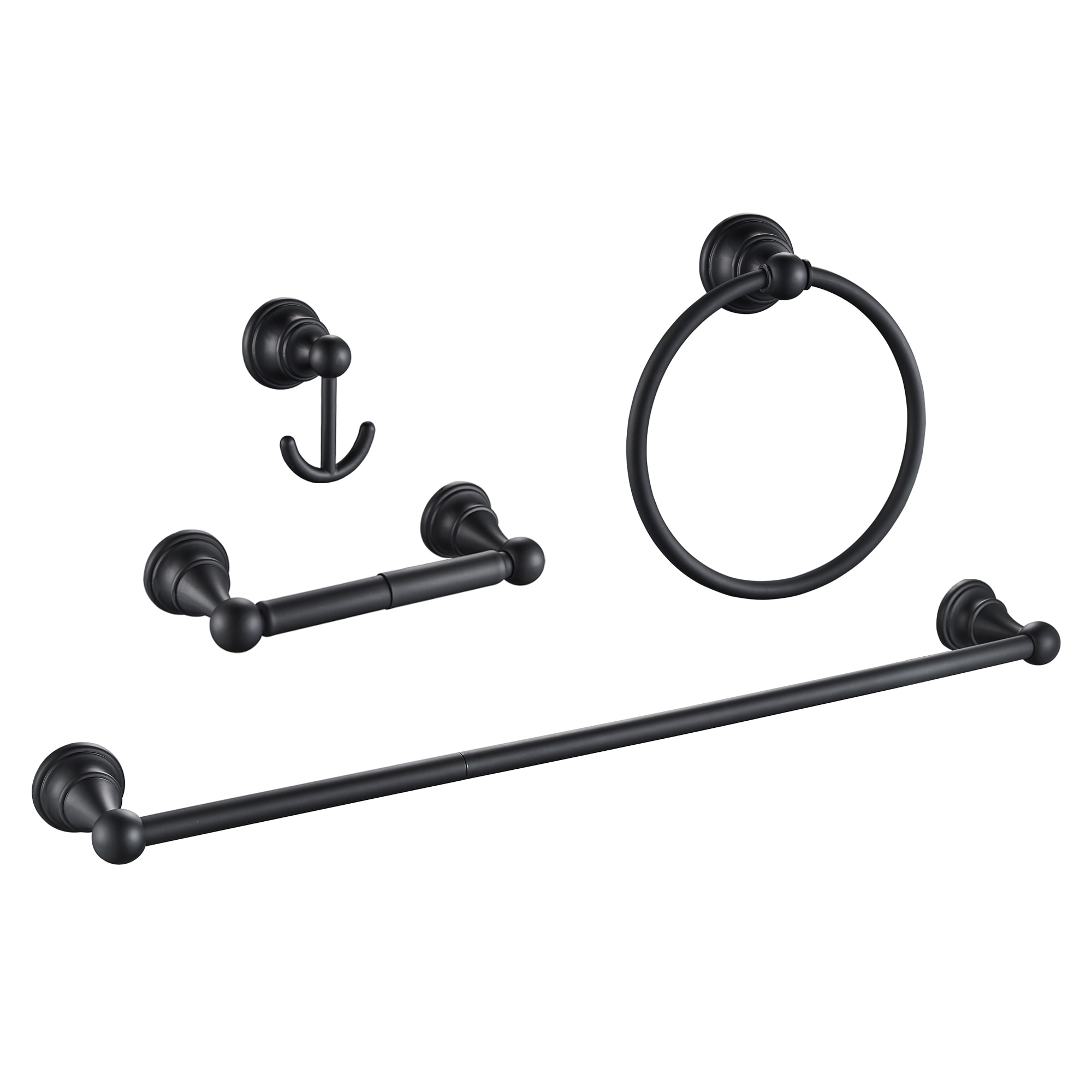 Juego de accesorios de baño decorativos en negro mate de 4 piezas FORIOUS: Barra de toalla, porta papel higiénico, argolla de toalla y gancho para batas incluidos LL19103B4A