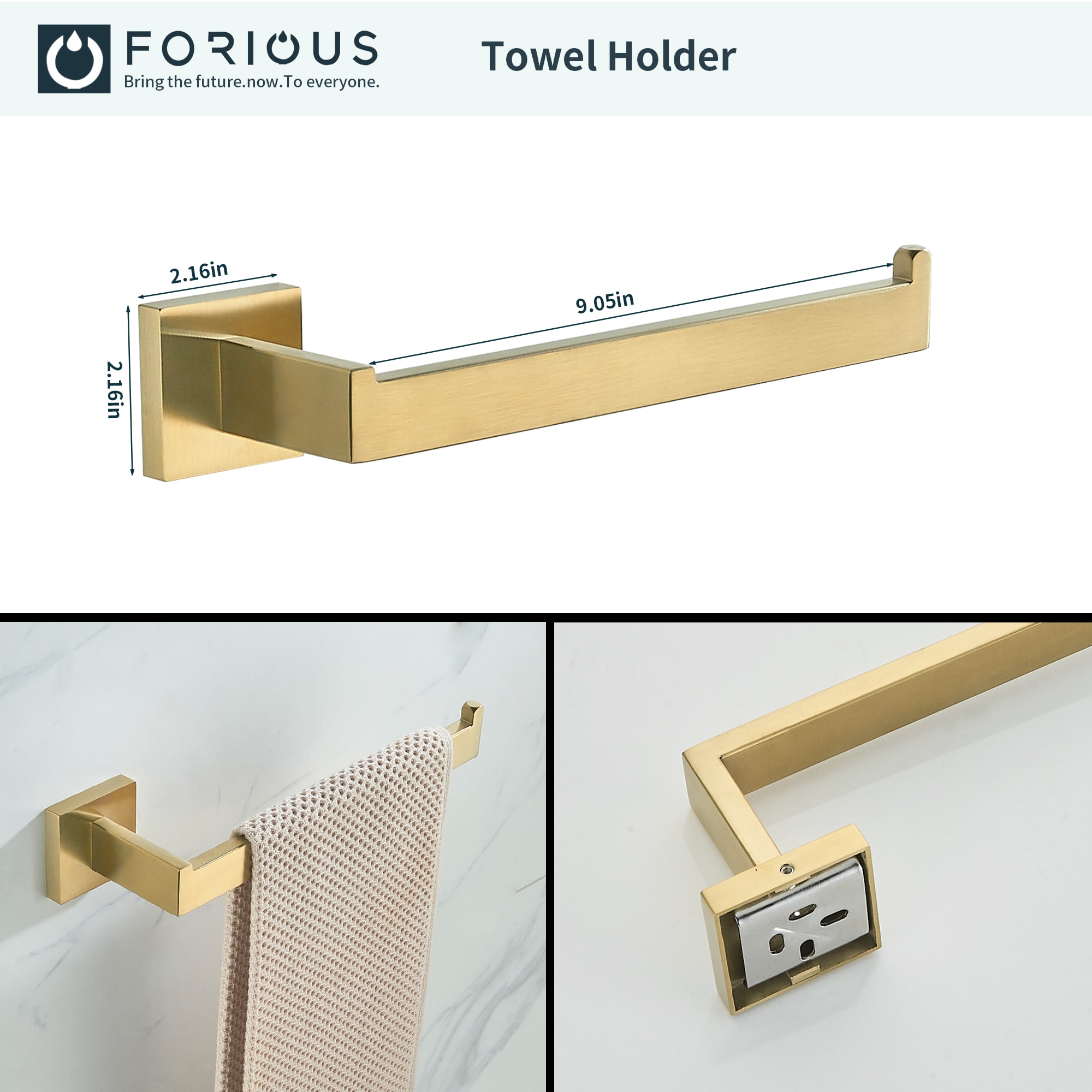 Juego de Accesorios de Baño Decorativos en Dorado de 4 Piezas de FORIOUS: Barra de Toallas, Porta Papel Higiénico, Gancho para Batas incluido LL19002G4A
