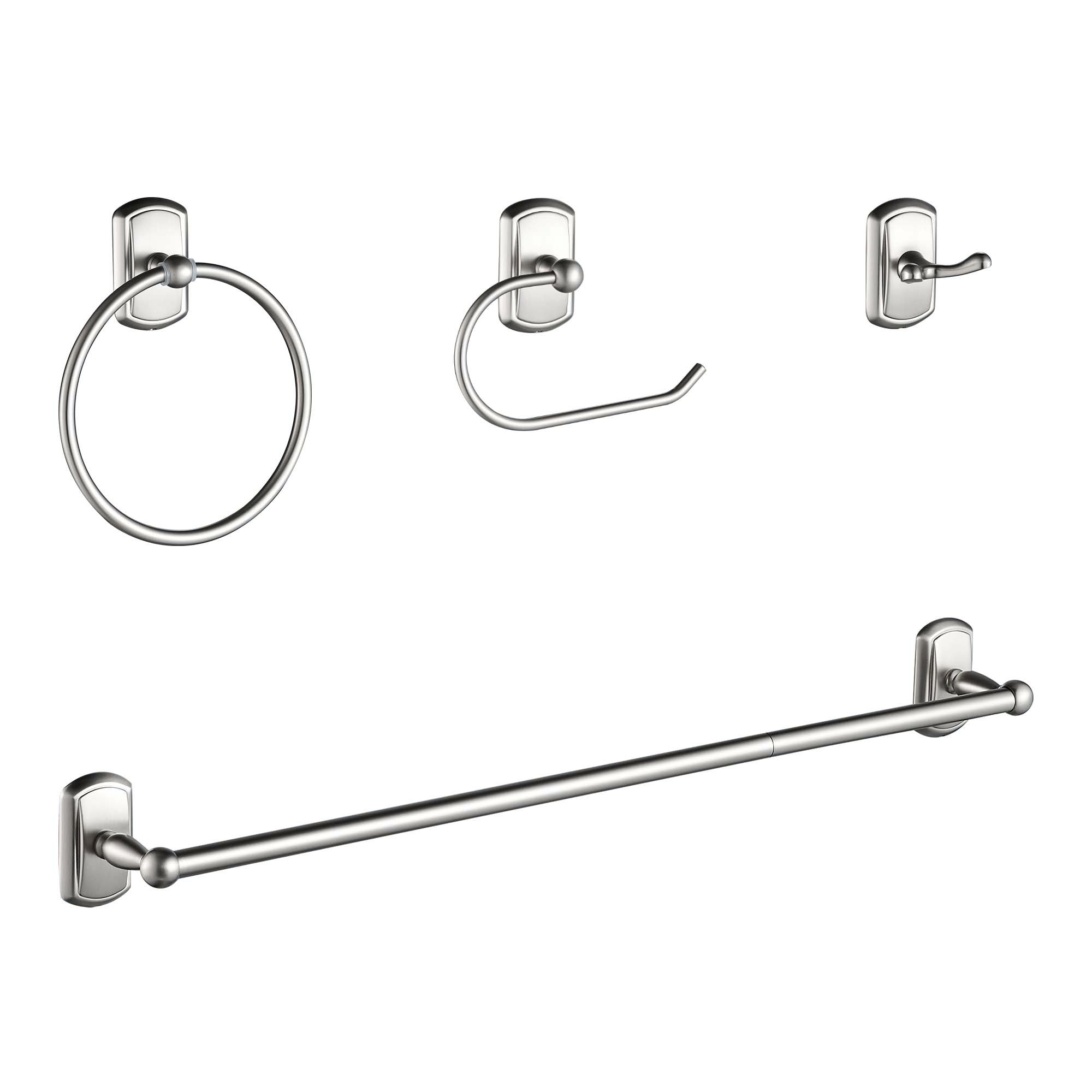 Set de accesorios decorativos para baño de 4 piezas en níquel cepillado FORIOUS, incluye barra de toallas, porta rollo de papel, anillo para toallas y gancho para batas.