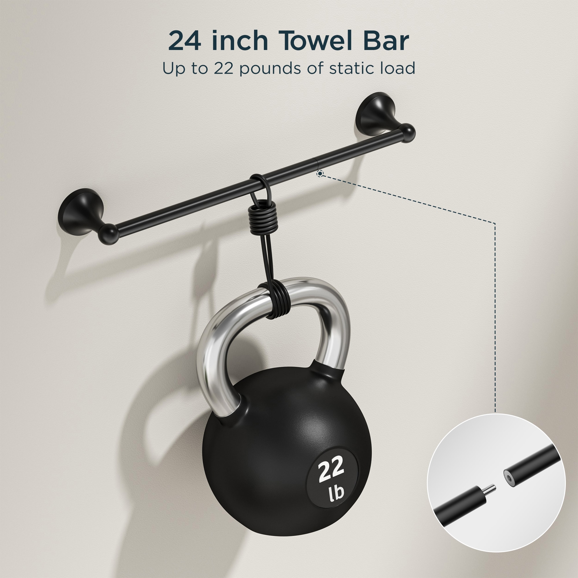 Juego de 3 piezas de hardware decorativo para baño en negro mate - Barra de toalla, portarrollos de papel higiénico, y argolla para toalla incluidos LL19102B3A