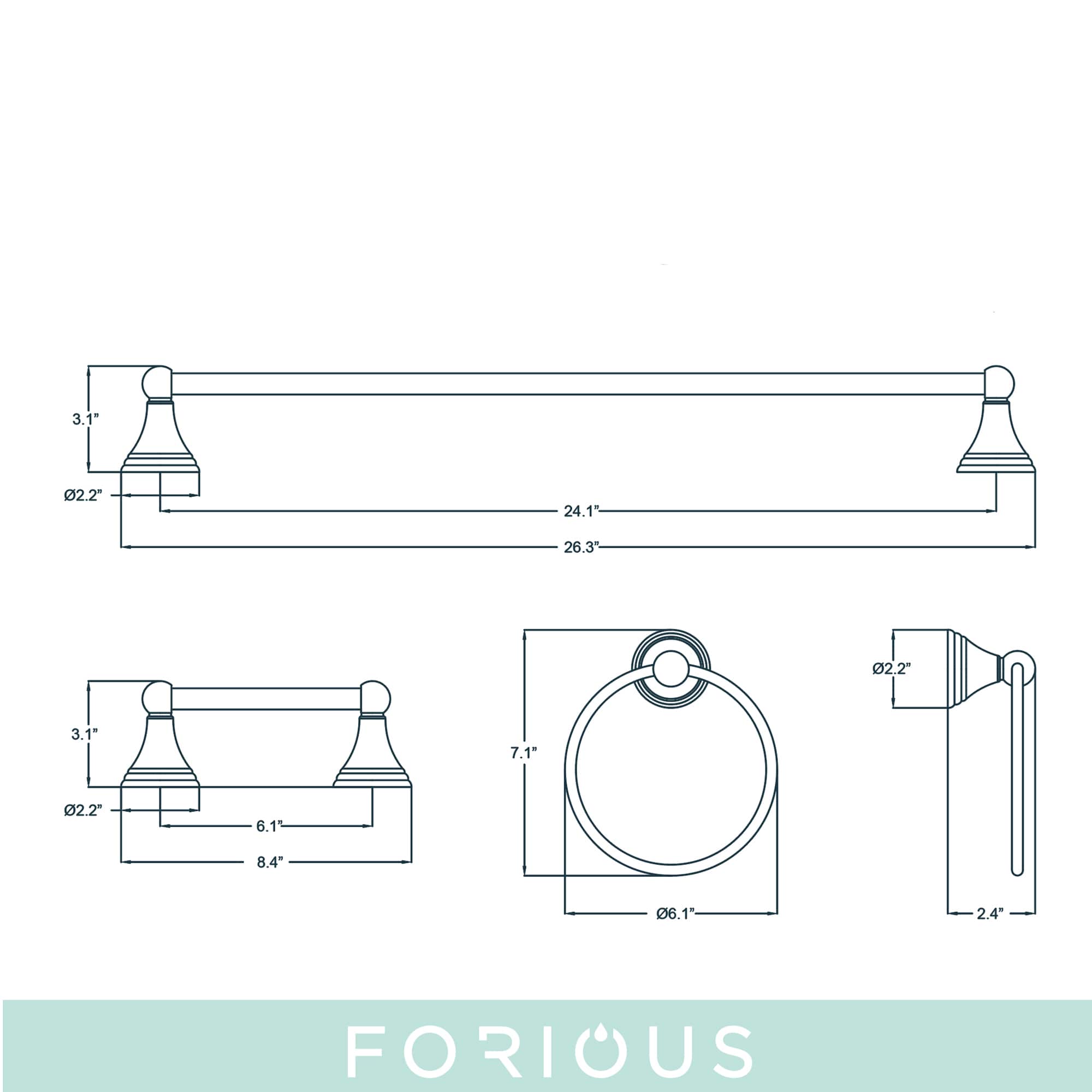 Juego de accesorios de baño decorativos de cromo de 3 piezas, incluye barra de toalla, porta papel higiénico y argolla para toalla (FORIOUS LL19103CH3A)