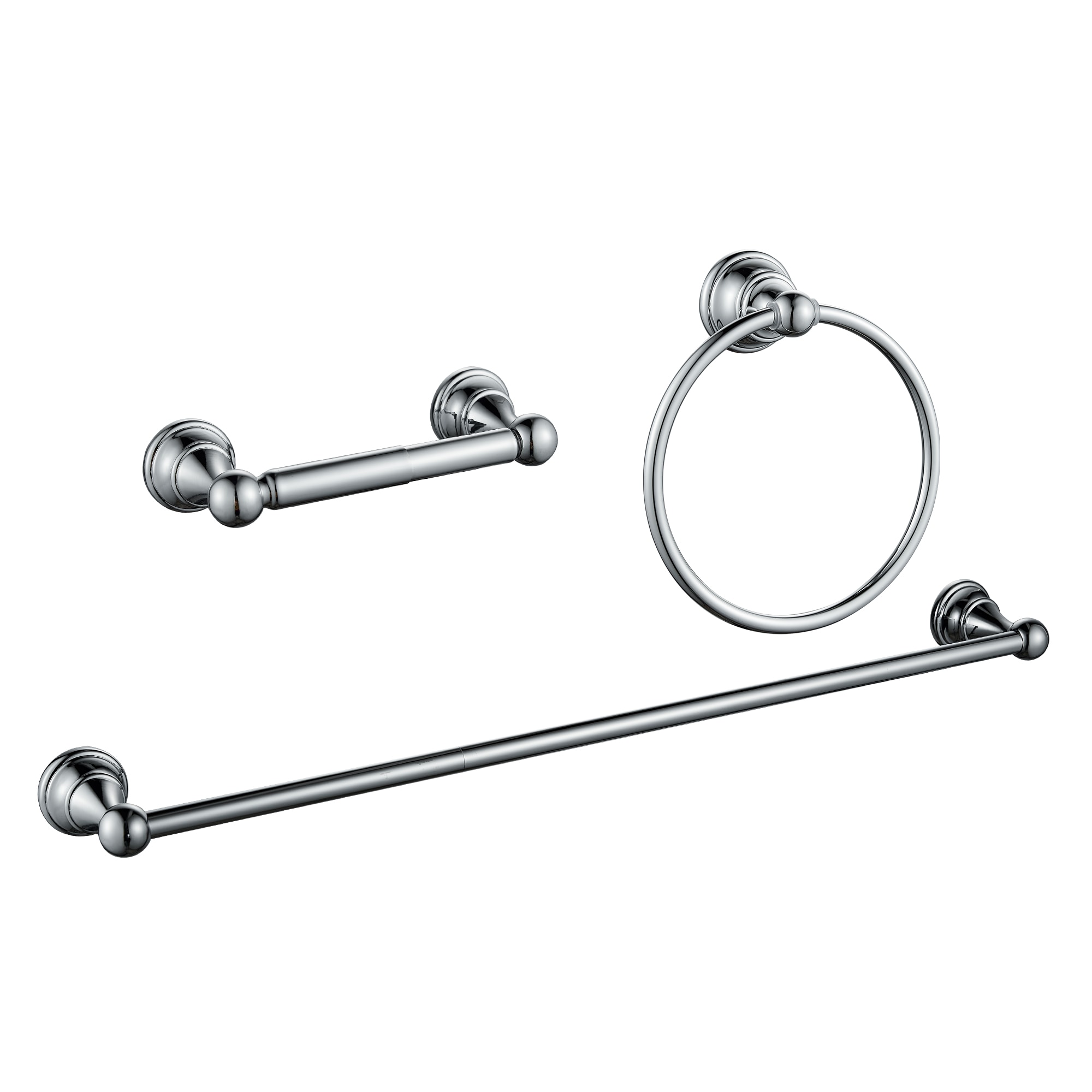 Juego de accesorios de baño decorativos de cromo de 3 piezas, incluye barra de toalla, porta papel higiénico y argolla para toalla (FORIOUS LL19103CH3A)