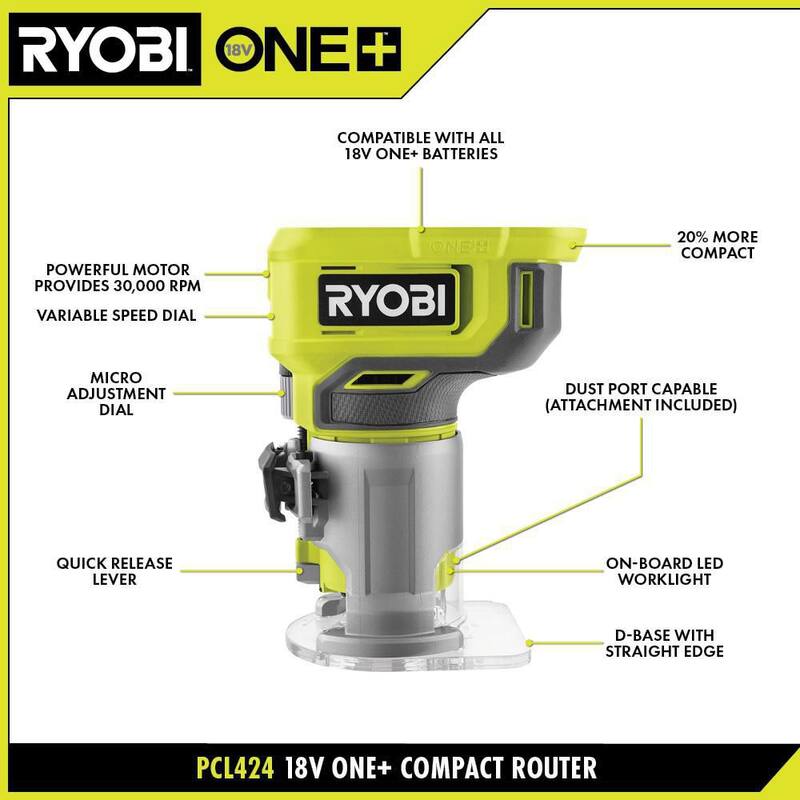 RYOBI ONE+ 18V Clavadora inalámbrica de calibre 18 AirStrike Brad con enrutador compacto (solo herramientas) y juego de brocas de enrutador de carburo de 15 piezas - P321-PCL424B-A25R151