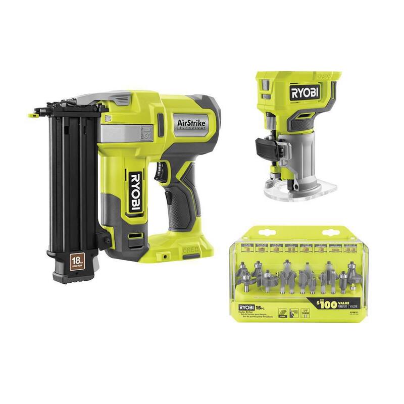 RYOBI ONE+ 18V Clavadora inalámbrica de calibre 18 AirStrike Brad con enrutador compacto (solo herramientas) y juego de brocas de enrutador de carburo de 15 piezas - P321-PCL424B-A25R151