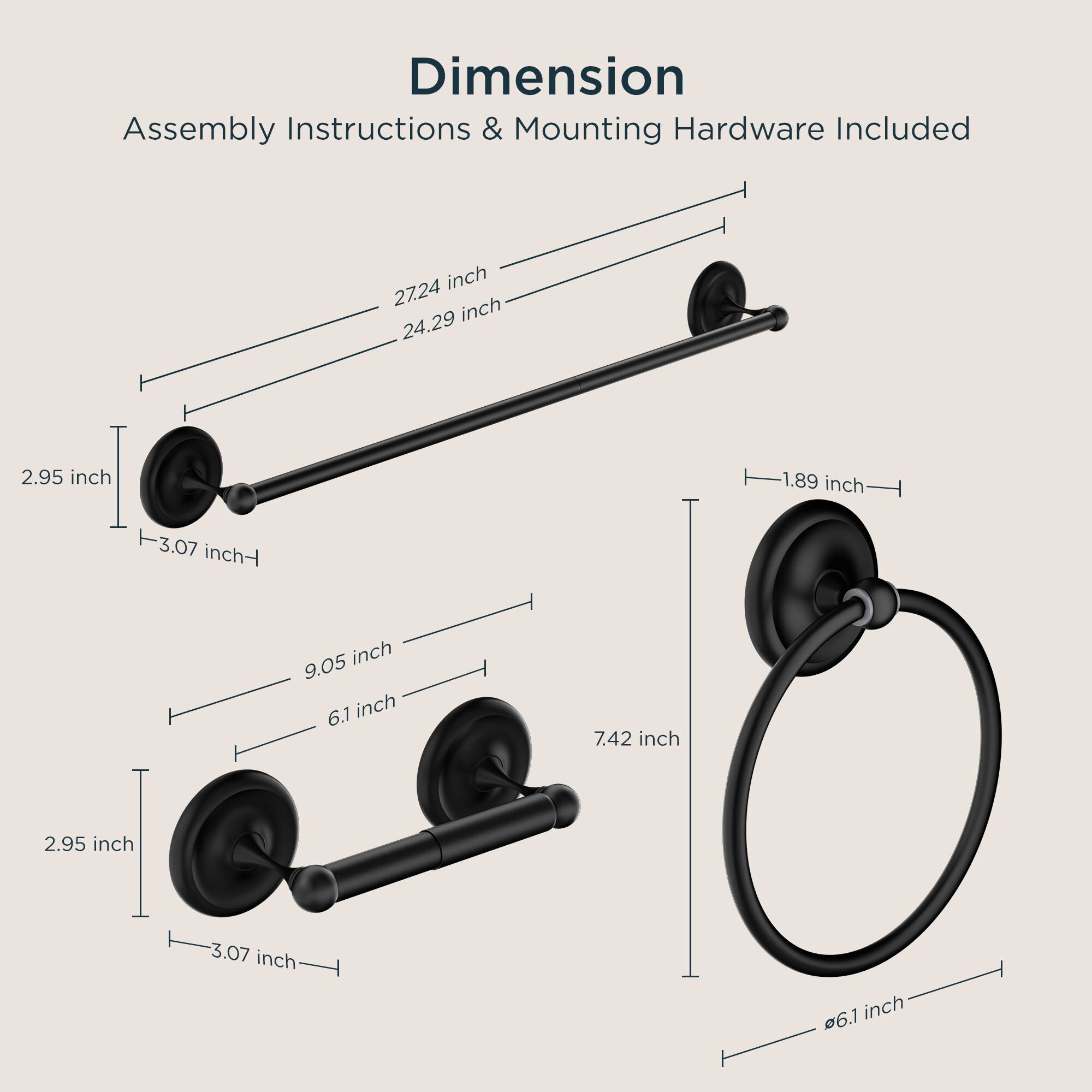 Juego de accesorios de baño decorativos en negro mate de 3 piezas FORIOUS: Barra para toallas, portarrollos de papel y argolla para toallas incluidos - LL19101B3A