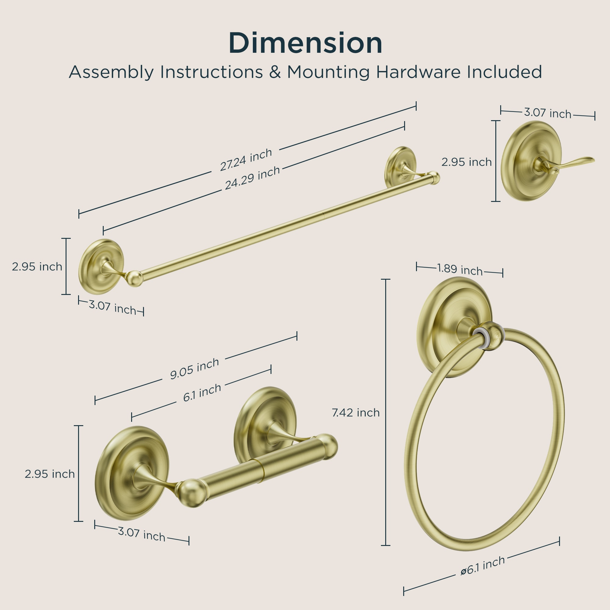 Juego de Accesorios de Baño Decorativos en Oro de 4 Piezas FORIOUS LL19101G4A: Barra de Toalla, Porta Papel Higiénico, Argolla de Toalla, Gancho para Bata incluidos.