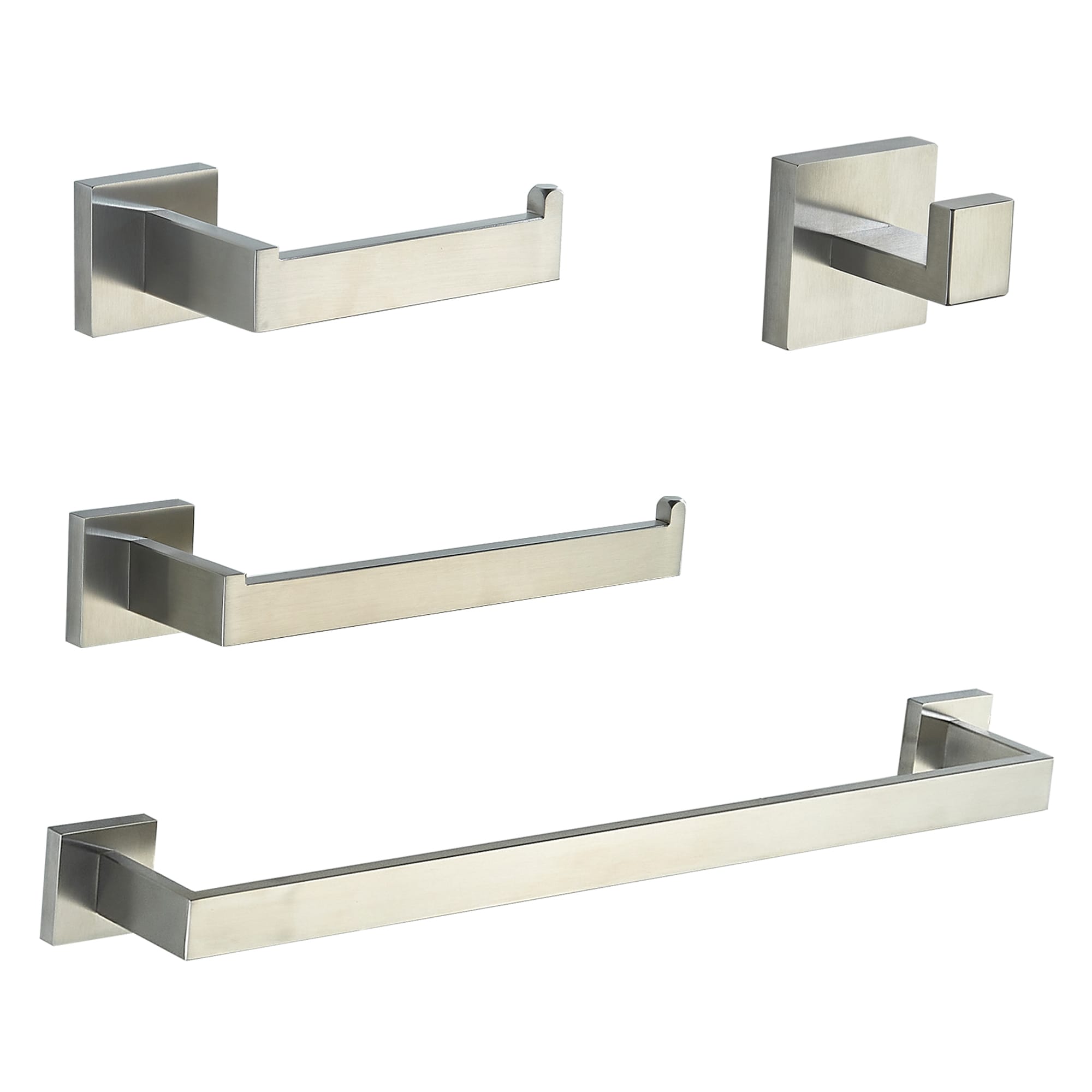 Juego de accesorios decorativos para baño de 4 piezas en níquel cepillado - Barra para toallas, porta papel higiénico, gancho para batas incluidos LL19002BN4A