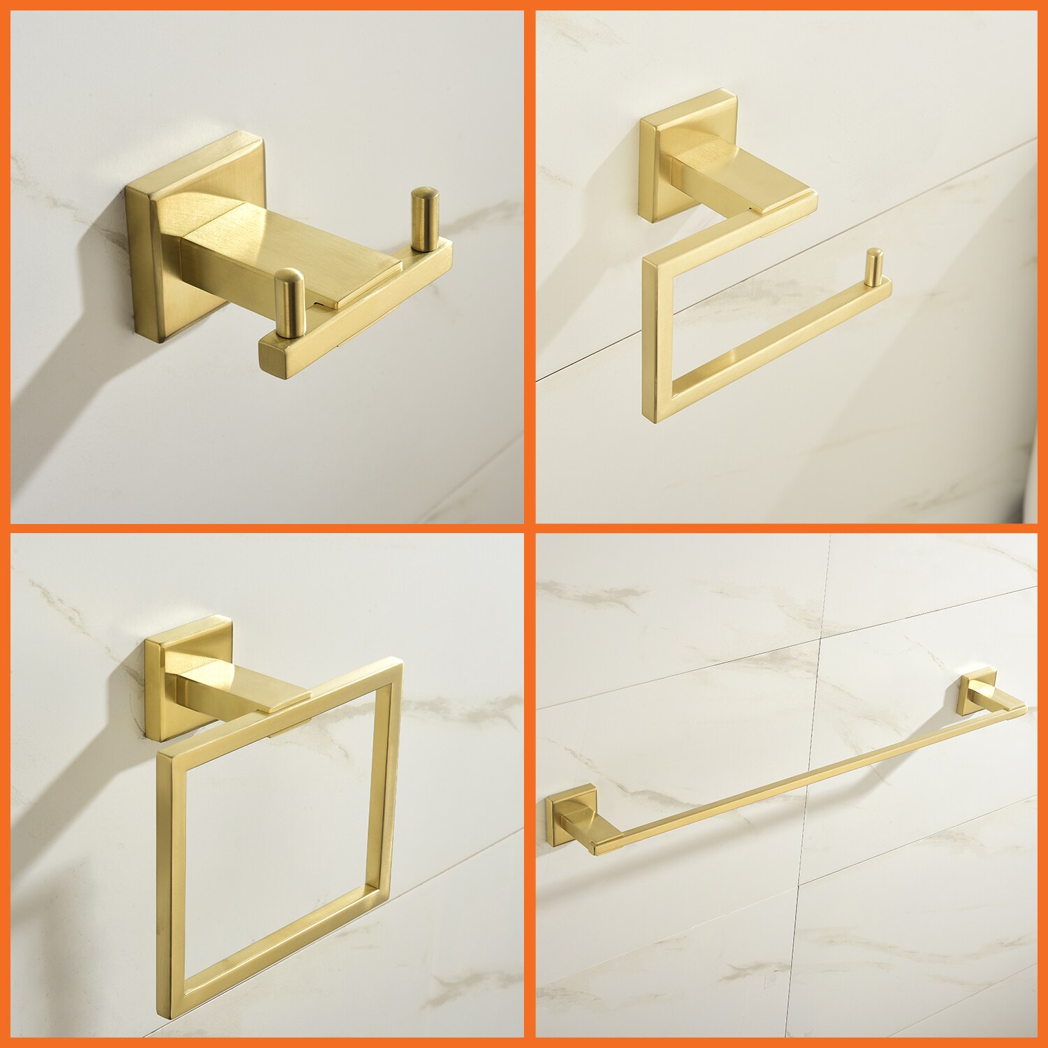 Juego de Accesorios de Baño WELLFOR 4 Piezas en Dorado Cepillado - Incluye Barra de Toalla, Portarrollos, Anillo de Toalla y Gancho para Batas