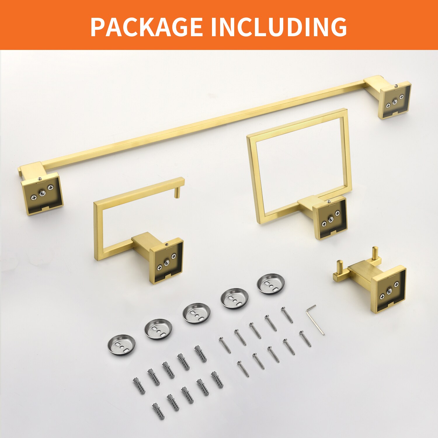 Juego de Accesorios de Baño WELLFOR 4 Piezas en Dorado Cepillado - Incluye Barra de Toalla, Portarrollos, Anillo de Toalla y Gancho para Batas