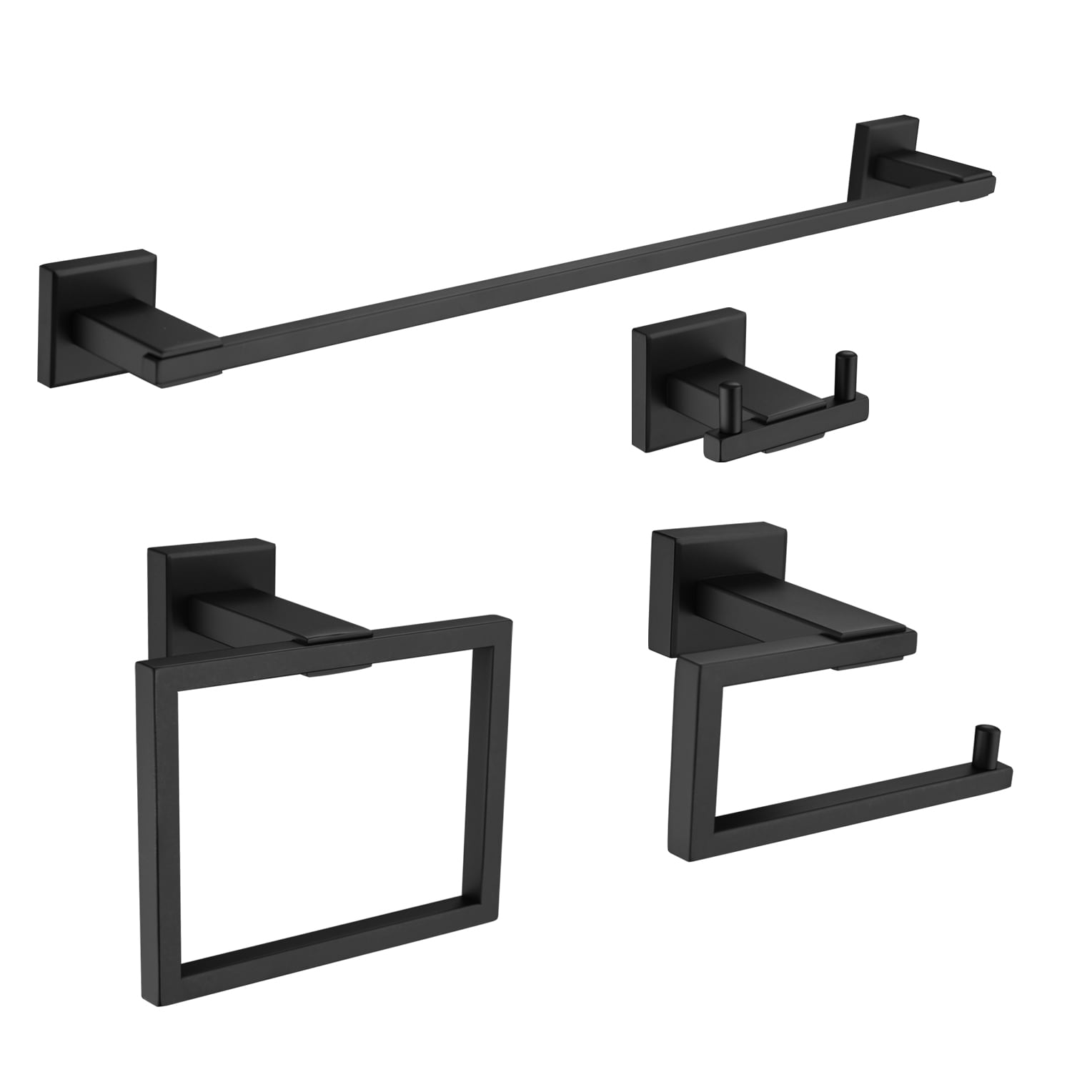 Juego de Accesorios para Baño de 4 Piezas en Negro Mate - Barra de Toalla, Porta Papel Higiénico, Argolla para Toalla, Gancho para Bata incluido