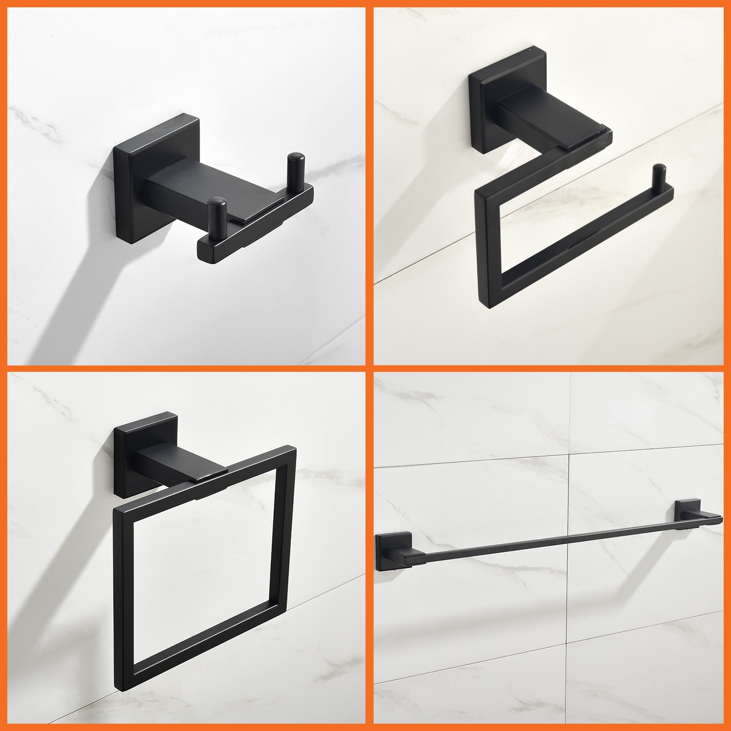 Juego de Accesorios para Baño de 4 Piezas en Negro Mate - Barra de Toalla, Porta Papel Higiénico, Argolla para Toalla, Gancho para Bata incluido