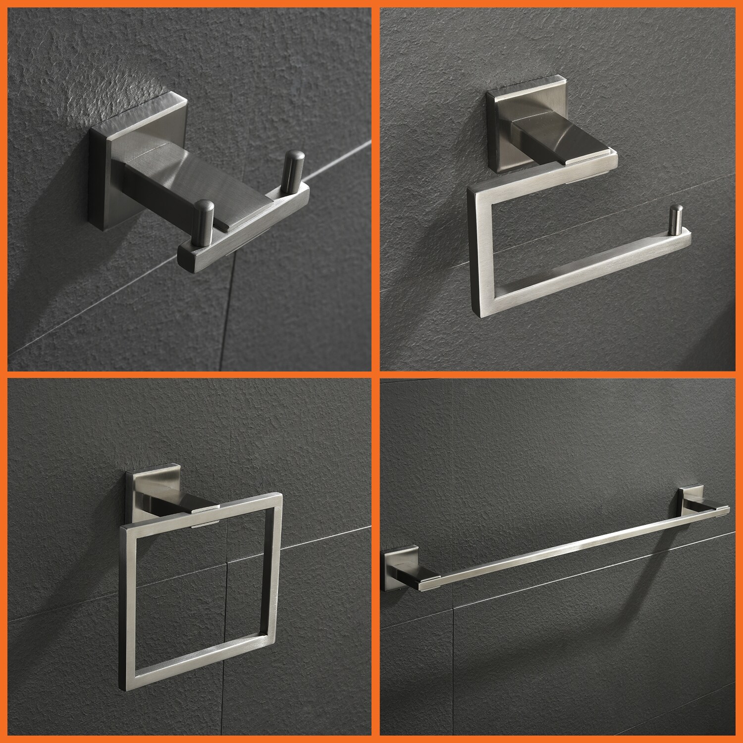 Juego de Accesorios para Baño de 4 Piezas en Níquel Cepillado- Barra de Toallas, Portarrollos, Anillo para Toallas, Gancho para Batas Incluido