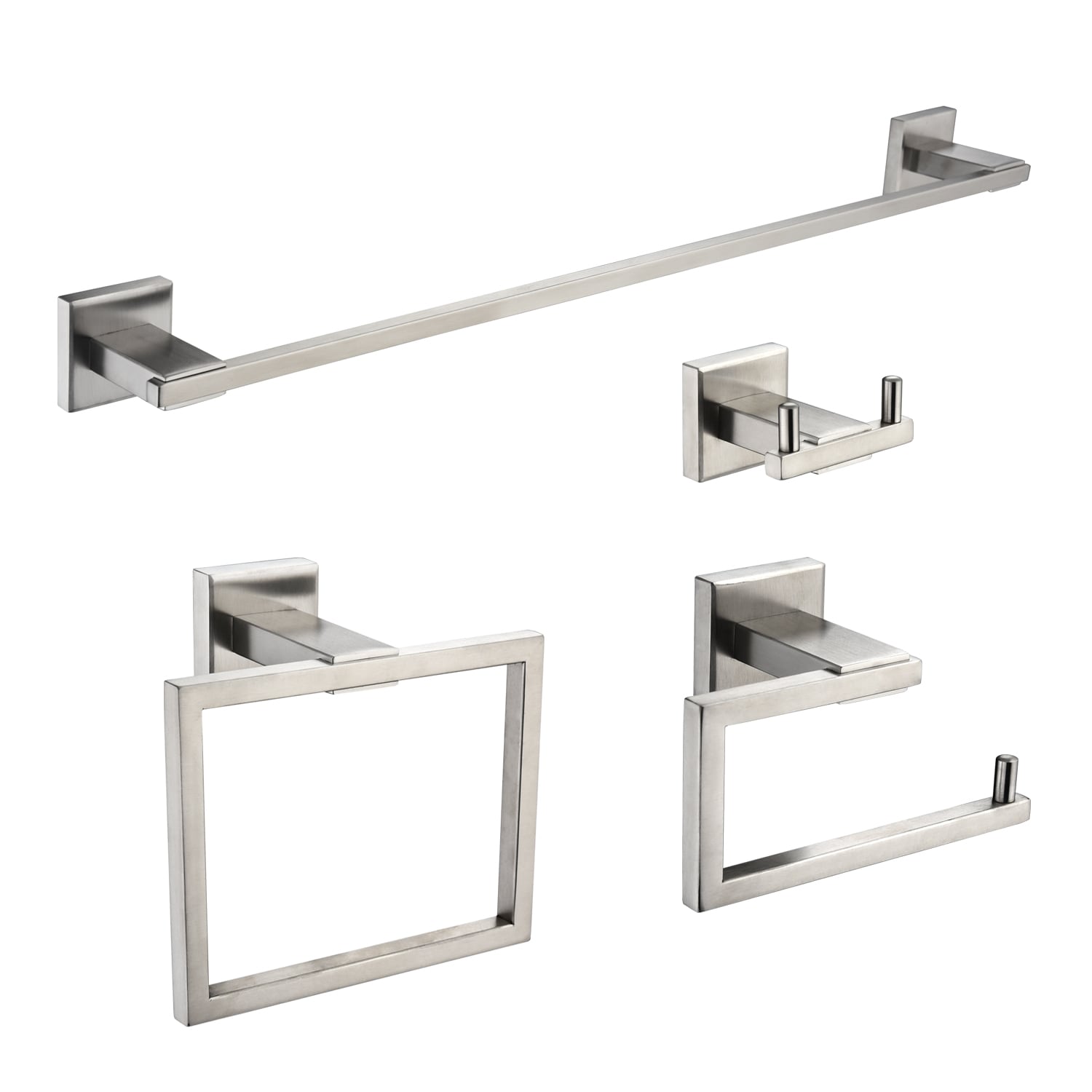 Juego de Accesorios para Baño de 4 Piezas en Níquel Cepillado- Barra de Toallas, Portarrollos, Anillo para Toallas, Gancho para Batas Incluido
