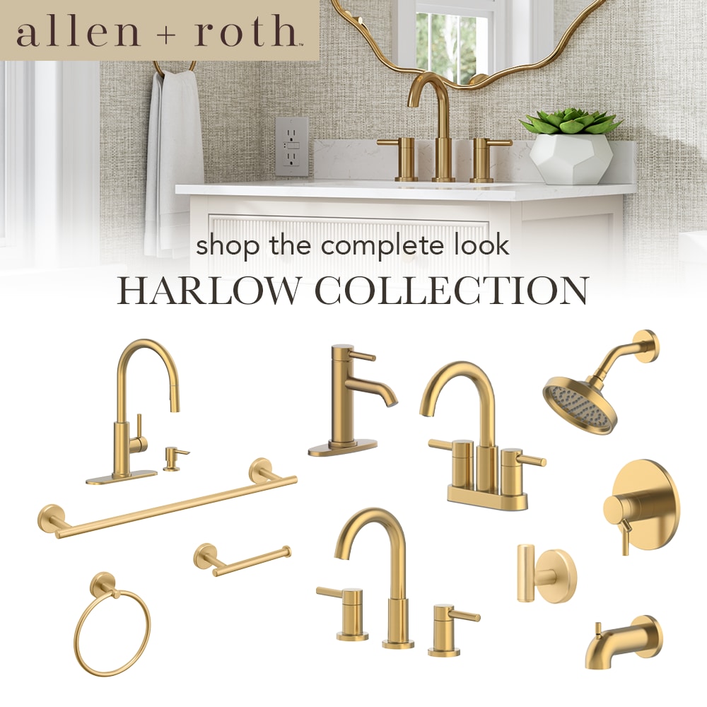 Set de accesorios de baño decorativos en oro cepillado de 3 piezas Harlow de allen + roth, incluye barra para toallas, porta papel higiénico y argolla para toallas.
