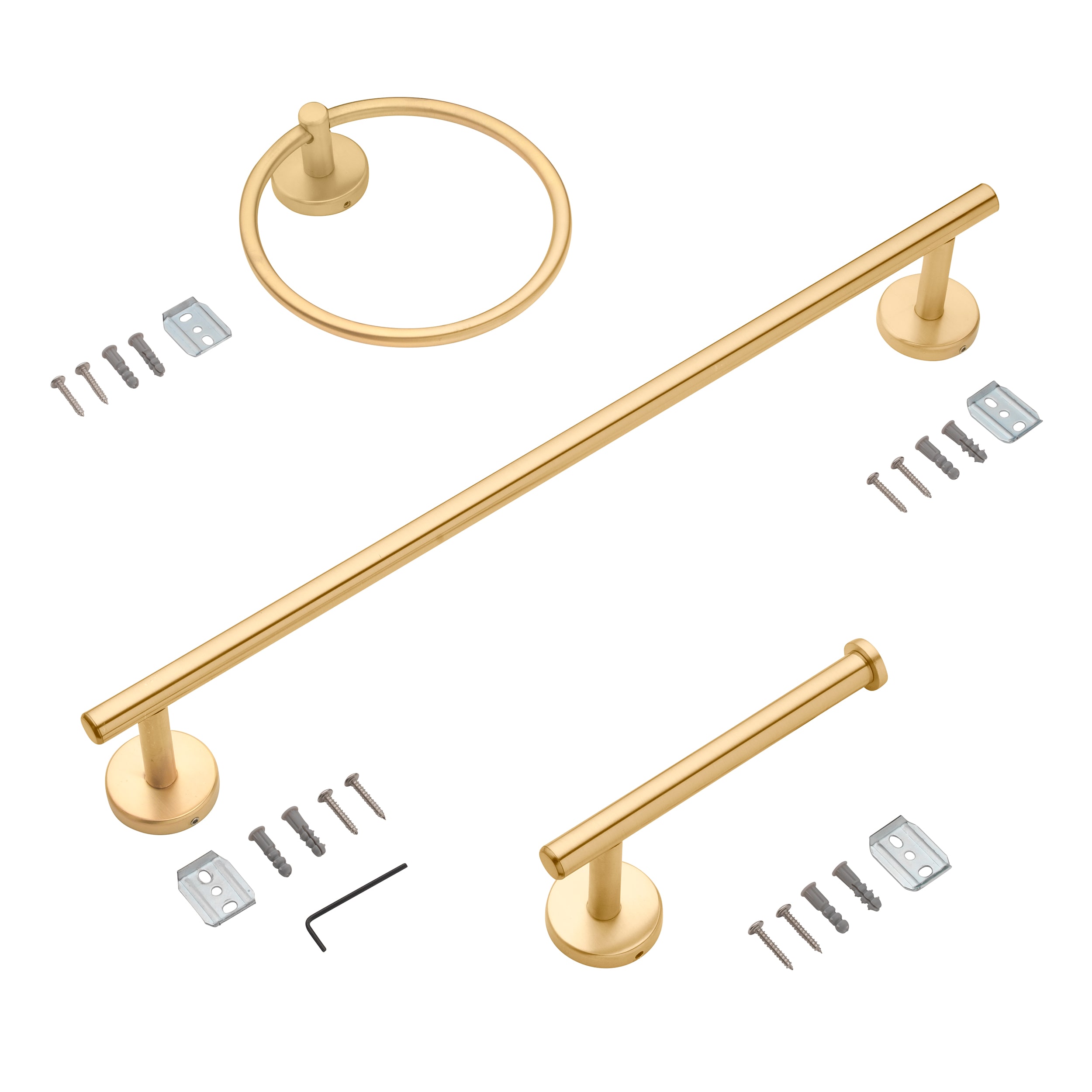 Set de accesorios de baño decorativos en oro cepillado de 3 piezas Harlow de allen + roth, incluye barra para toallas, porta papel higiénico y argolla para toallas.