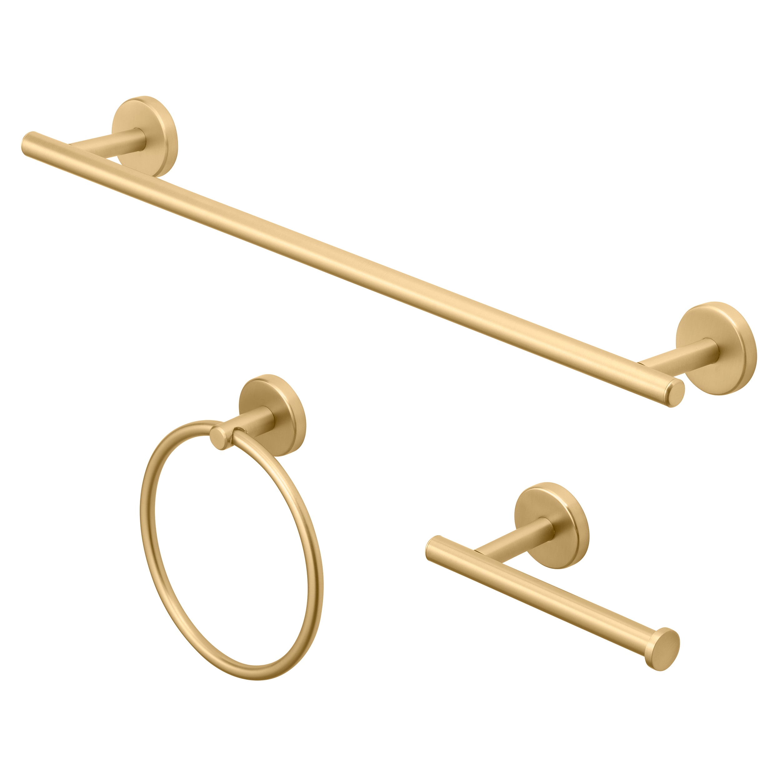 Set de accesorios de baño decorativos en oro cepillado de 3 piezas Harlow de allen + roth, incluye barra para toallas, porta papel higiénico y argolla para toallas.