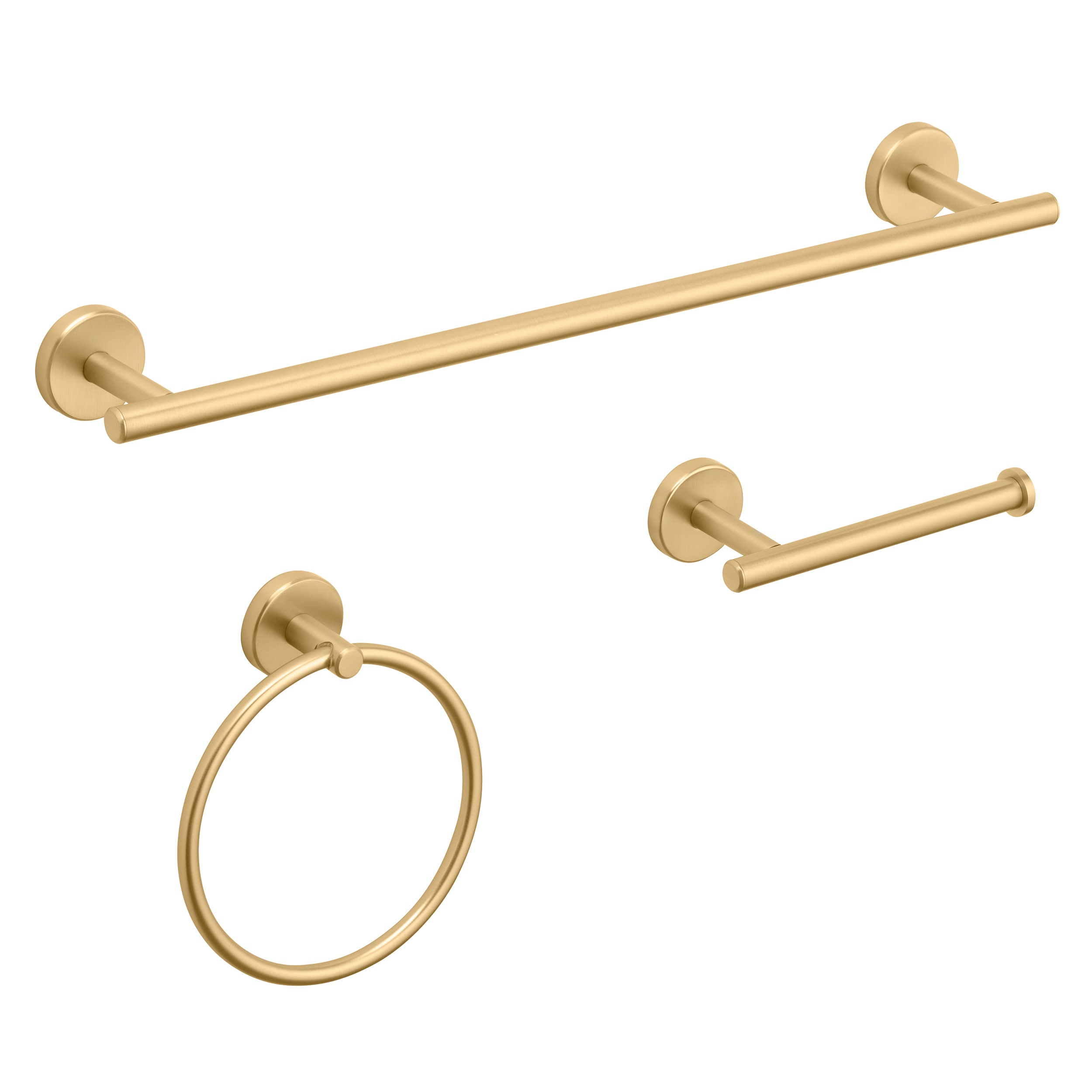 Set de accesorios de baño decorativos en oro cepillado de 3 piezas Harlow de allen + roth, incluye barra para toallas, porta papel higiénico y argolla para toallas.
