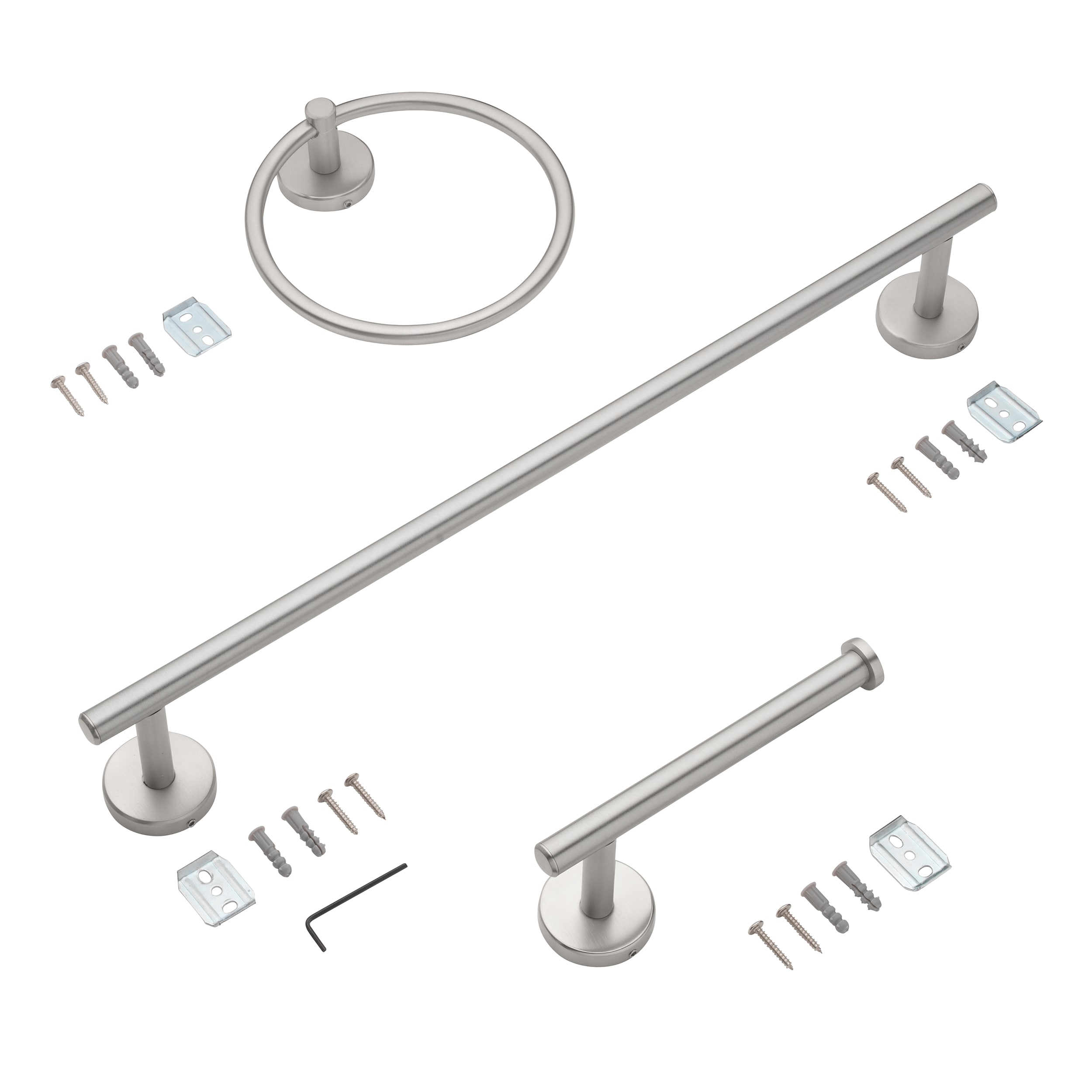 Juego de accesorios decorativos para baño en níquel cepillado Harlow de 3 piezas allen + roth - Barra para toallas, porta papel higiénico y argolla para toallas incluidos 167-HAR3KT-ARBN