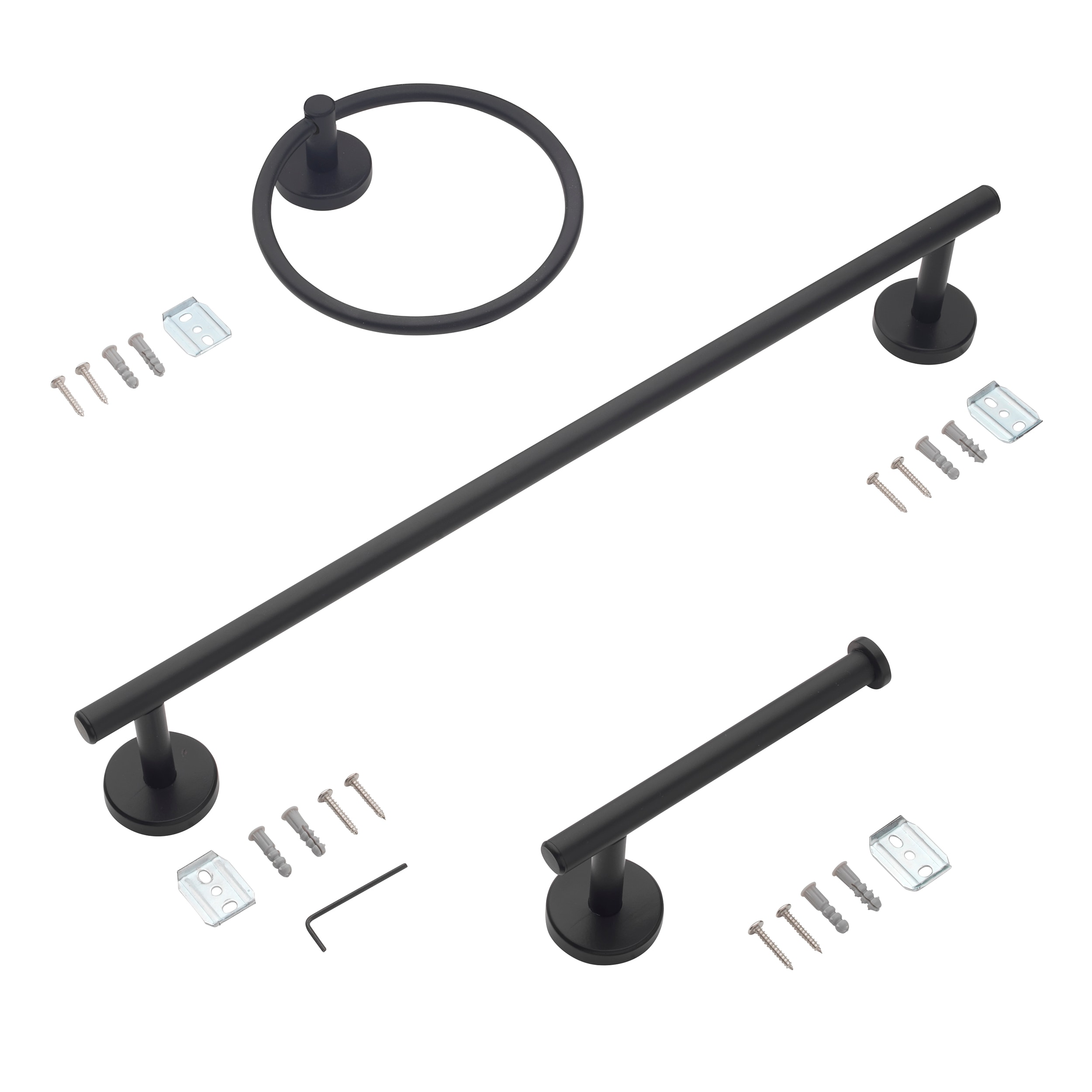Juego de Accesorios de Baño Decorativos en Negro Mate Harlow de 3 Piezas de allen + roth: Barra para Toallas, Portarrollos de Papel Higiénico y Anillo para Toallas, Incluidos 167-HAR3KT-ARMB