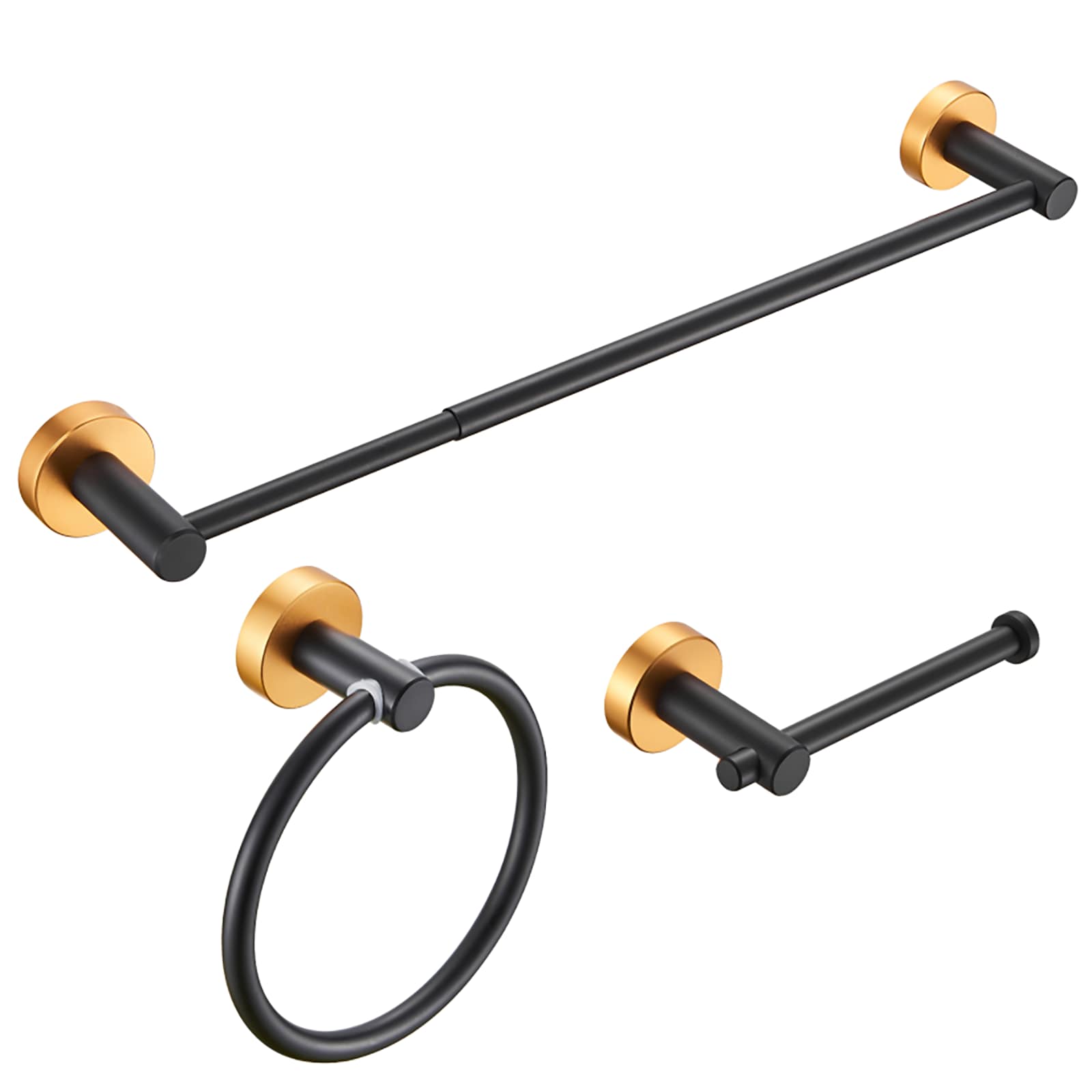 Juego de accesorios decorativos para baño en dorado y negro de 3 piezas de Nestfair: Barra para toallas, porta rollo de papel higiénico y argolla para toallas. Incluye SX-DR3016.