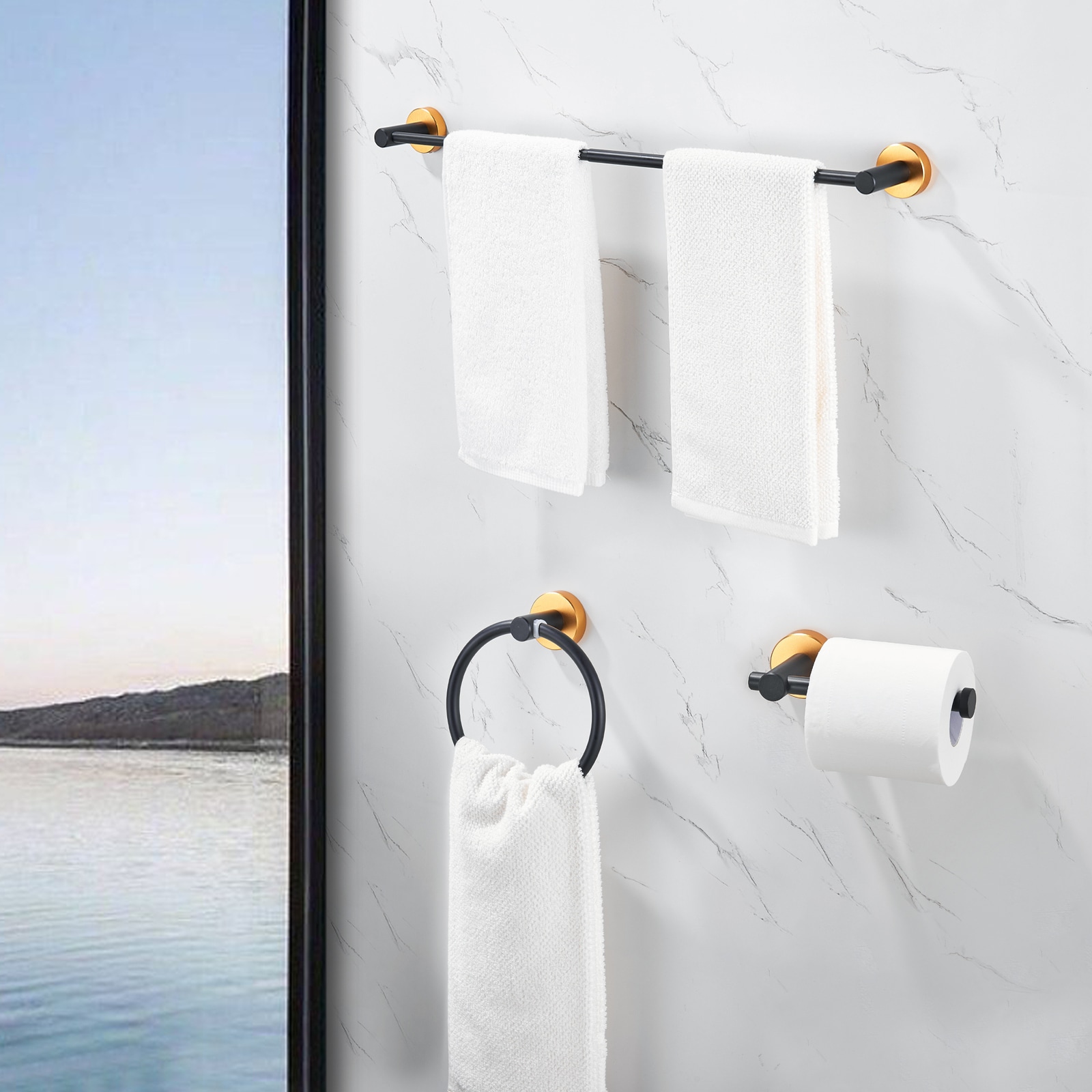 Juego de accesorios decorativos para baño en dorado y negro de 3 piezas de Nestfair: Barra para toallas, porta rollo de papel higiénico y argolla para toallas. Incluye SX-DR3016.