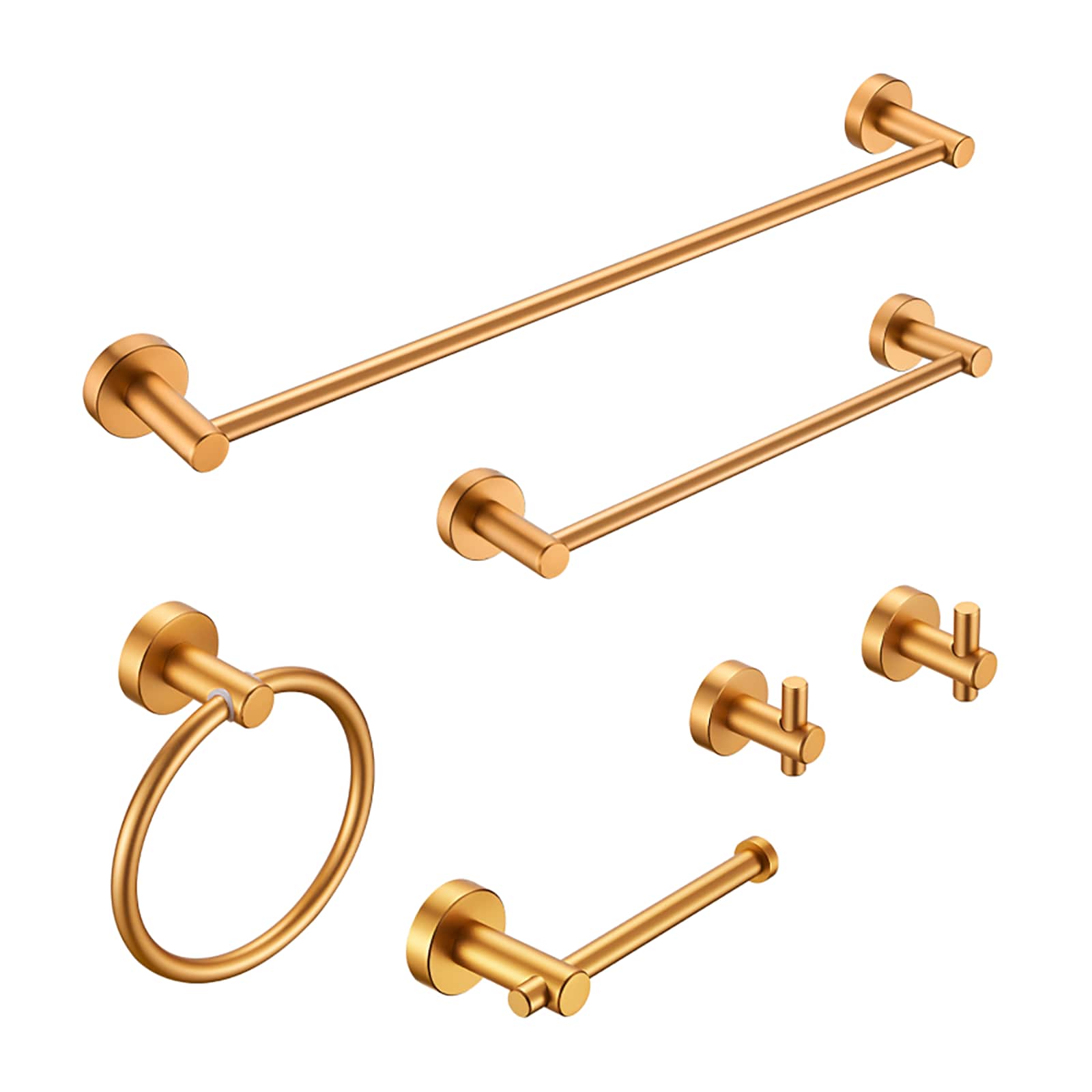 Juego de herrajes de baño decorativo en tono dorado cepillado de 6 piezas de Nestfair - que incluye barra para toallas, porta papel higiénico, argolla para toalla y gancho para batas (modelo SX-DR6014)
