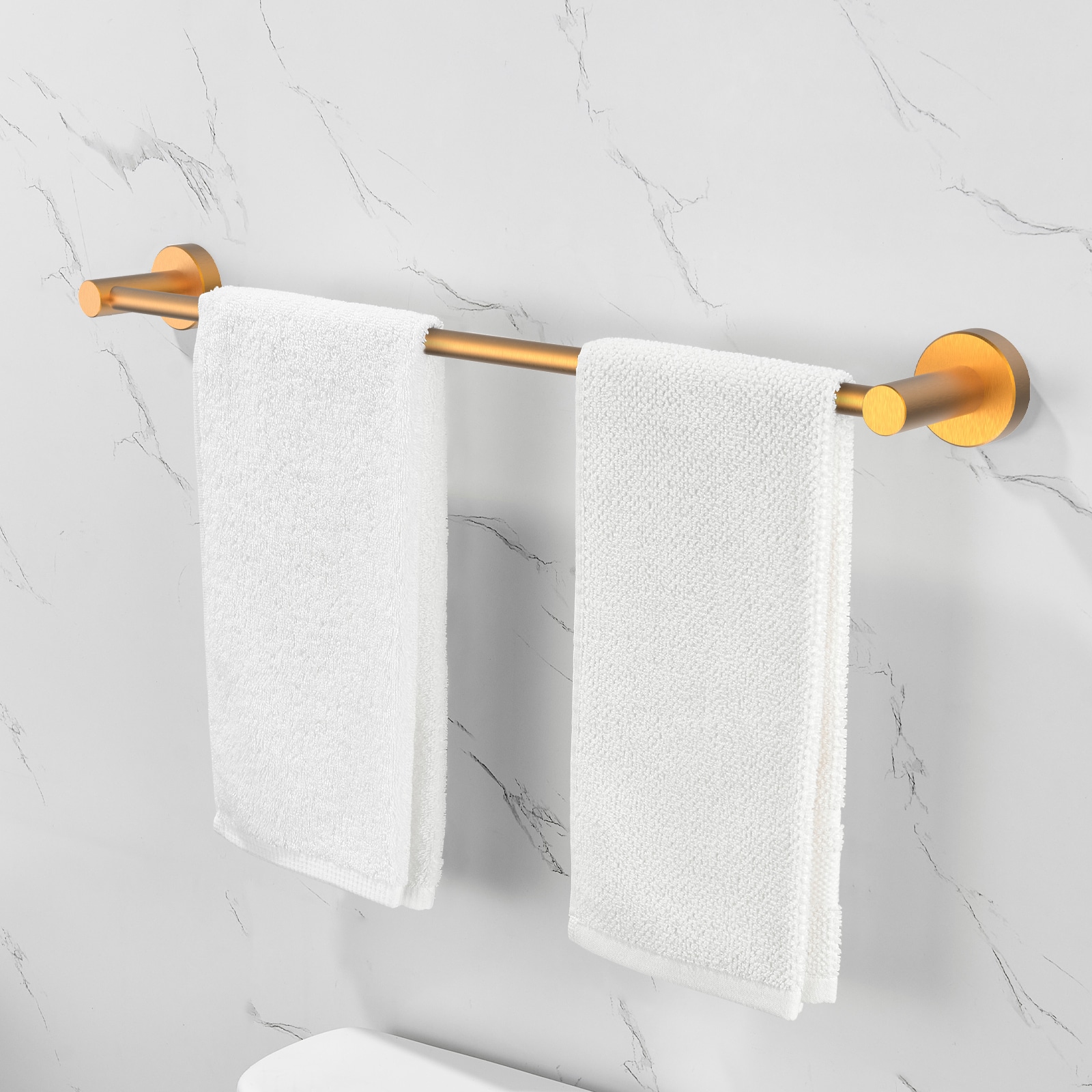 Juego de herrajes de baño decorativo en tono dorado cepillado de 6 piezas de Nestfair - que incluye barra para toallas, porta papel higiénico, argolla para toalla y gancho para batas (modelo SX-DR6014)