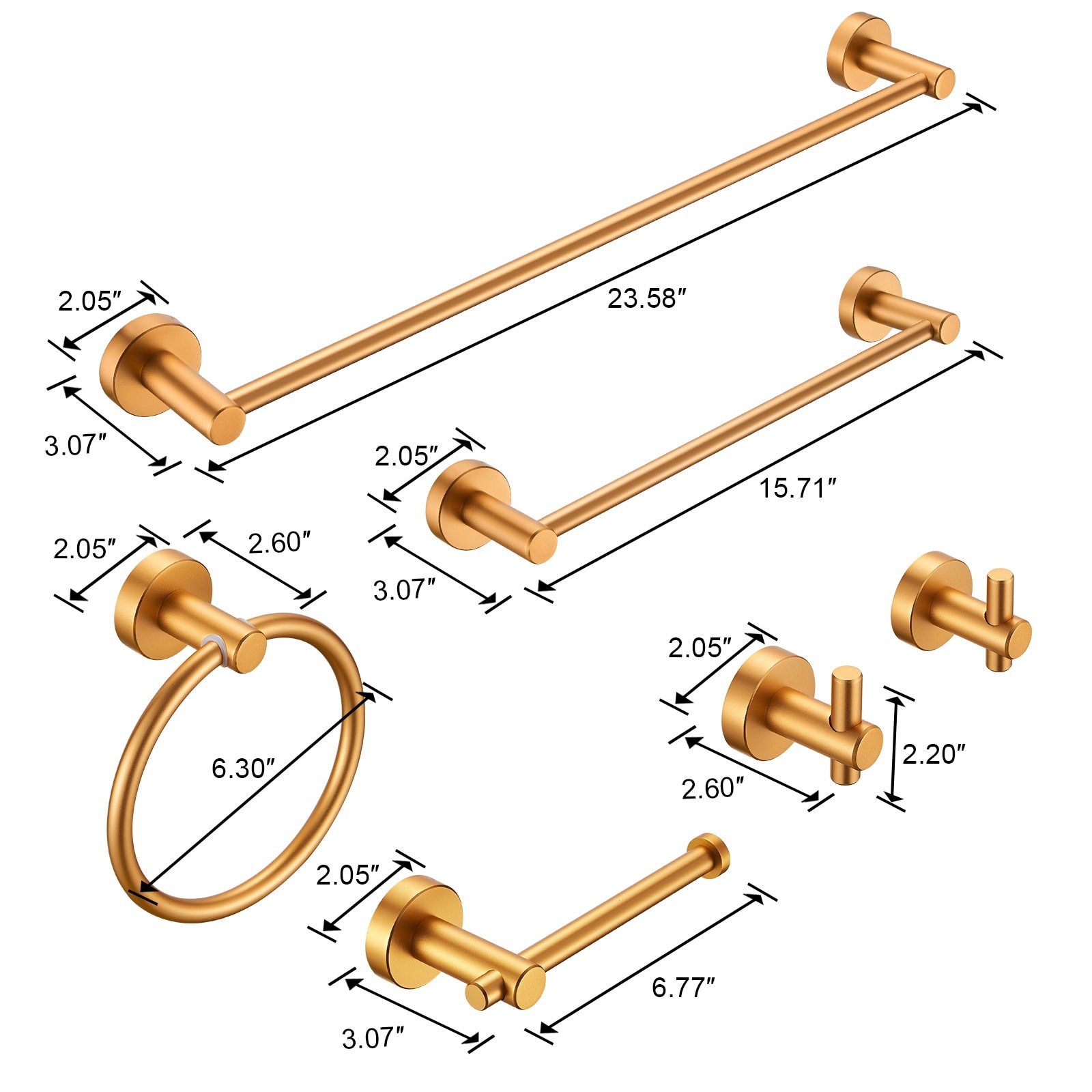 Juego de herrajes de baño decorativo en tono dorado cepillado de 6 piezas de Nestfair - que incluye barra para toallas, porta papel higiénico, argolla para toalla y gancho para batas (modelo SX-DR6014)