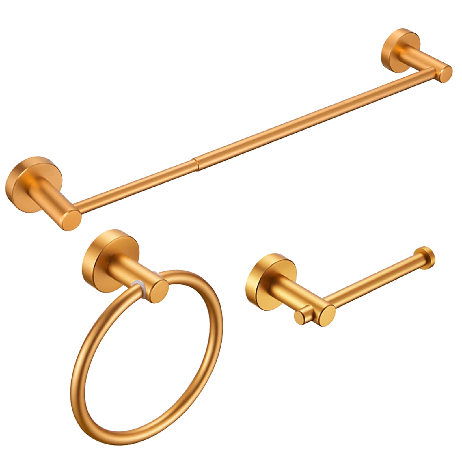 Set de accesorios de baño decorativos en color oro cepillado de 3 piezas de Nestfair: barra de toalla, porta papel higiénico y argolla para toalla. Incluye el modelo SX-DR3014.