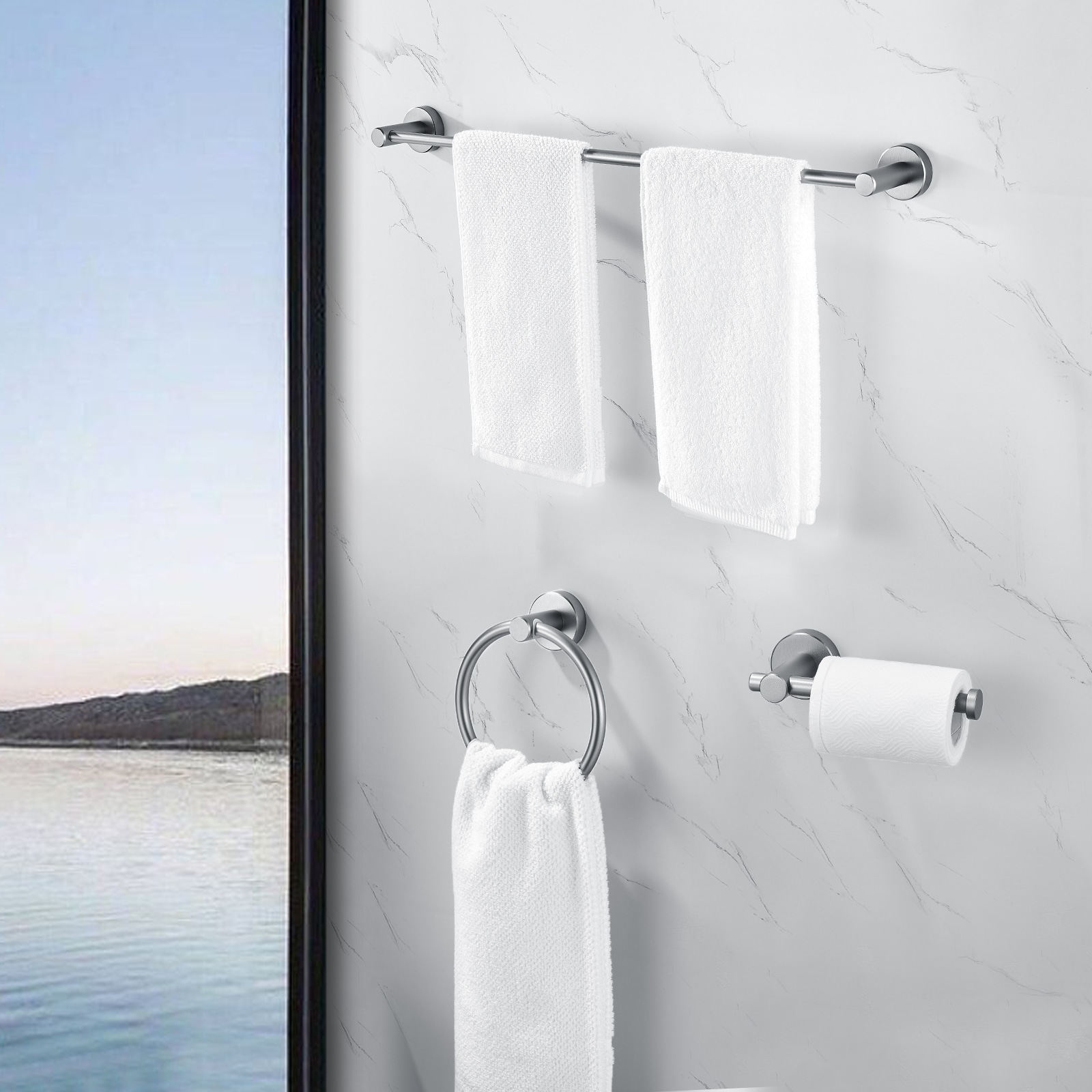 Juego de Accesorios de Baño Decorativos en Gris Acero de 3 Piezas - Barra de Toallas, Porta Papel Higiénico y Argolla para Toallas incluido SX-DR3015