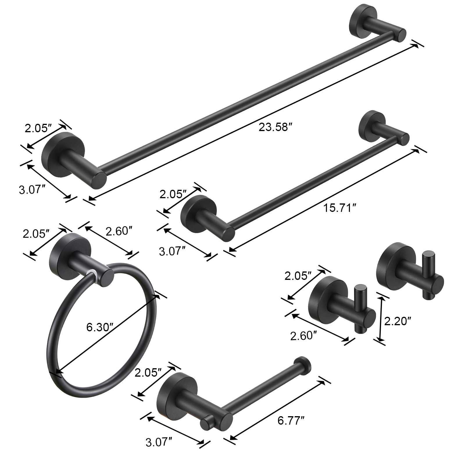Juego de 6 piezas de accesorios de baño decorativos en negro mate Nestfair, que incluye barra de toalla, portarrollos de papel higiénico y anillo de toalla (SX-DR6013)