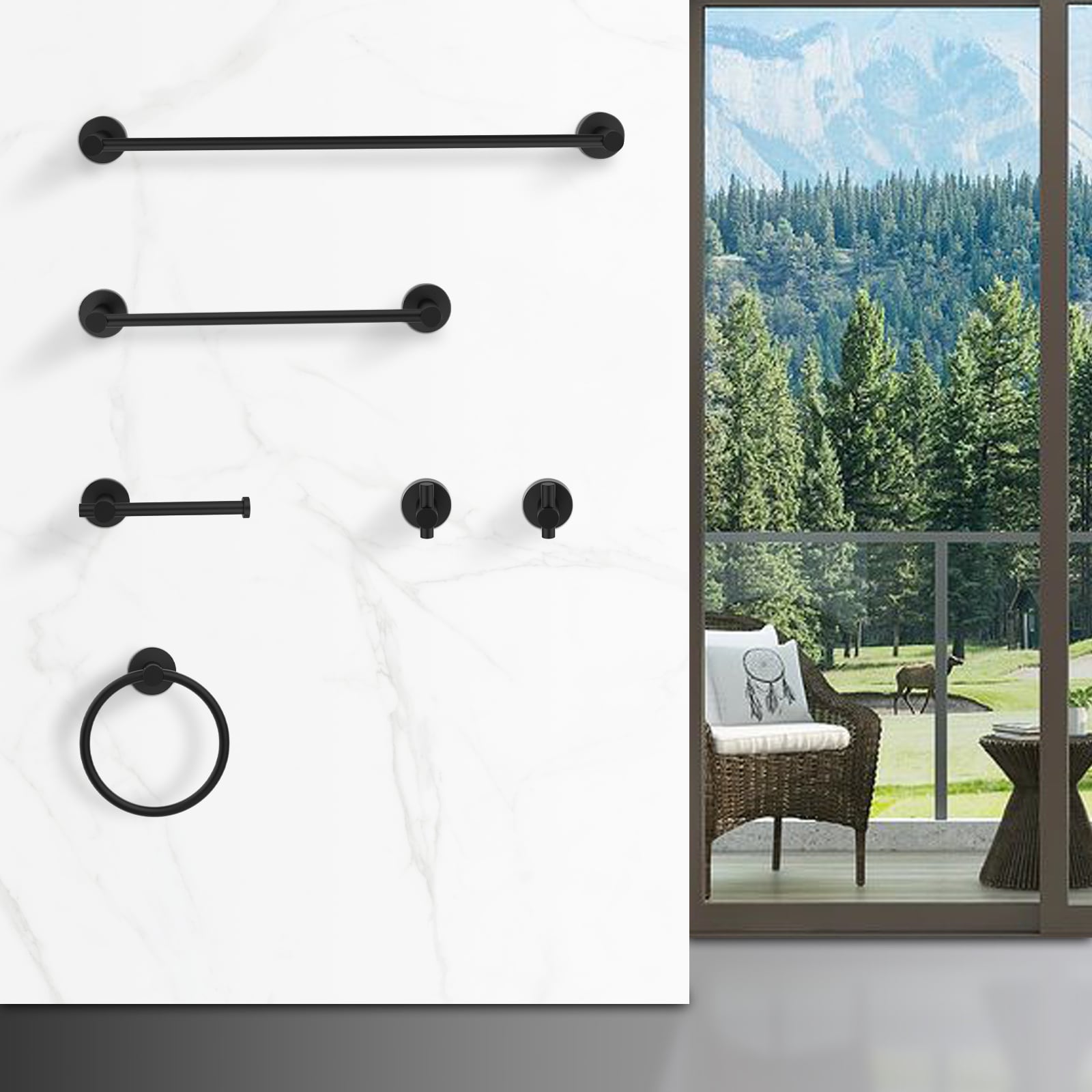 Juego de 6 piezas de accesorios de baño decorativos en negro mate Nestfair, que incluye barra de toalla, portarrollos de papel higiénico y anillo de toalla (SX-DR6013)