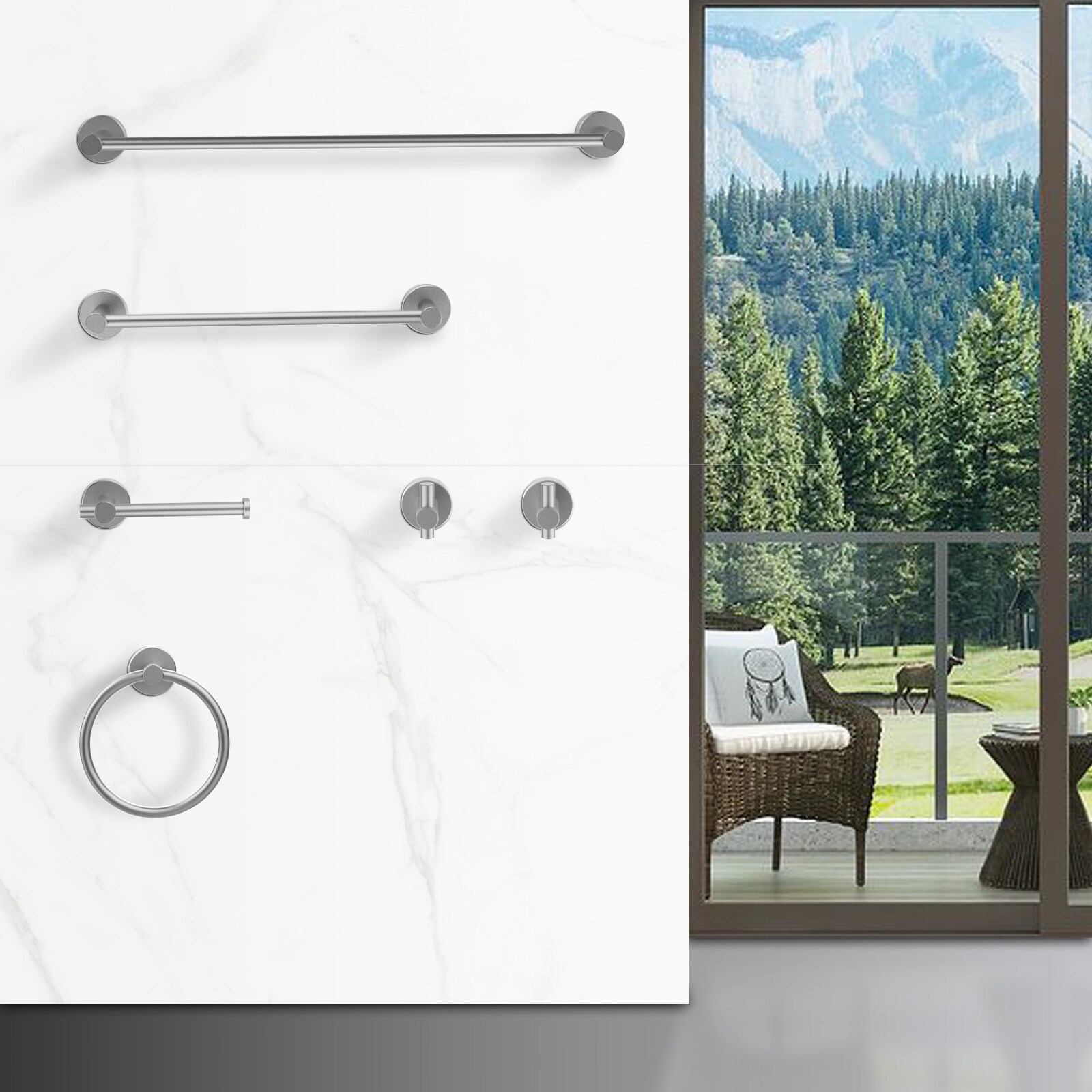 Juego de accesorios para baño decorativos gris de 6 piezas Nestfair - Barra de toalla, porta papel higiénico, argolla de toalla, gancho para batas incluidos SX-DR6015