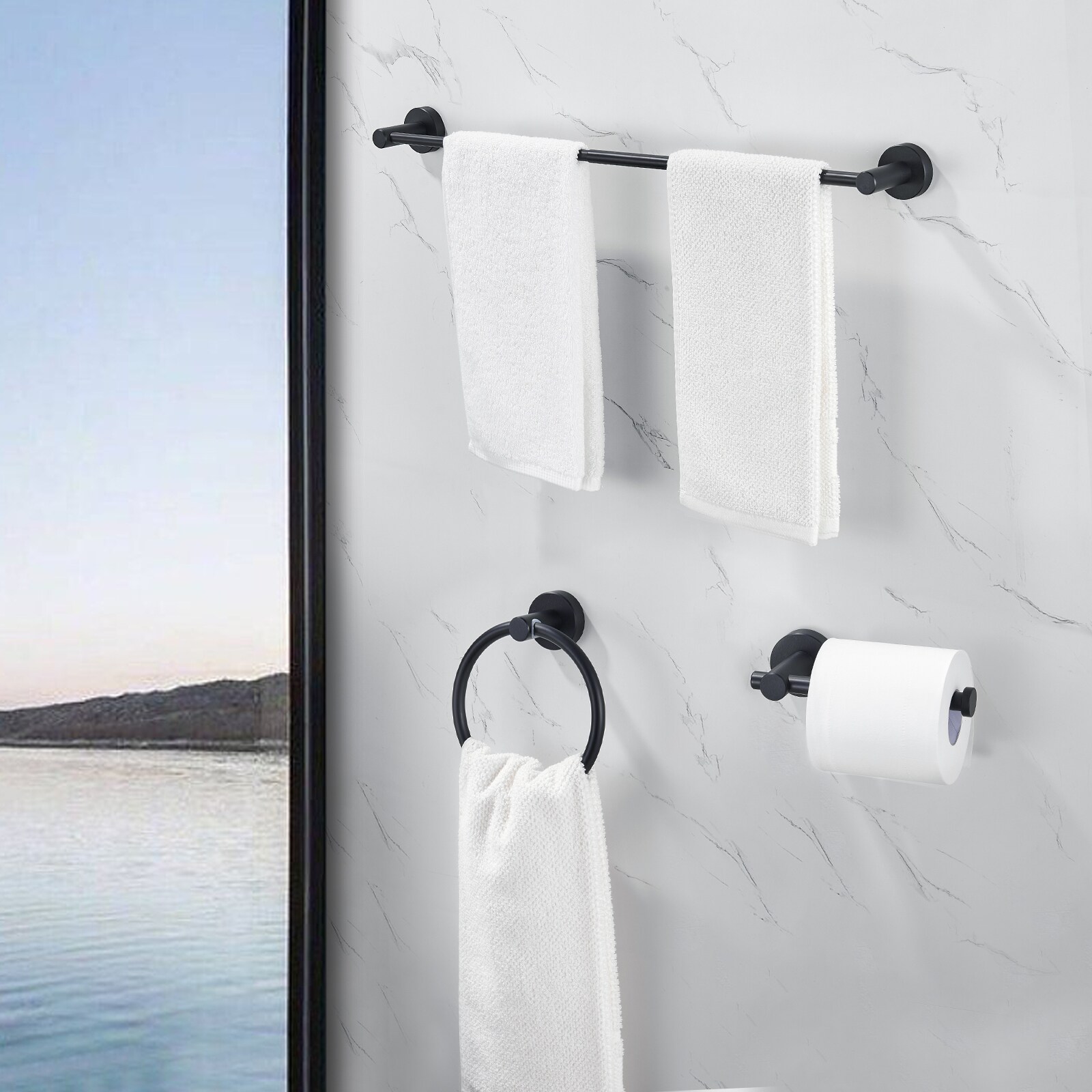 Juego de Accesorios de Baño Decorativos en Negro Mate de 3 Piezas Nestfair - Barra de Toalla, Portarrollos de Papel y Argolla para Toalla incluidos SX-DR3013.