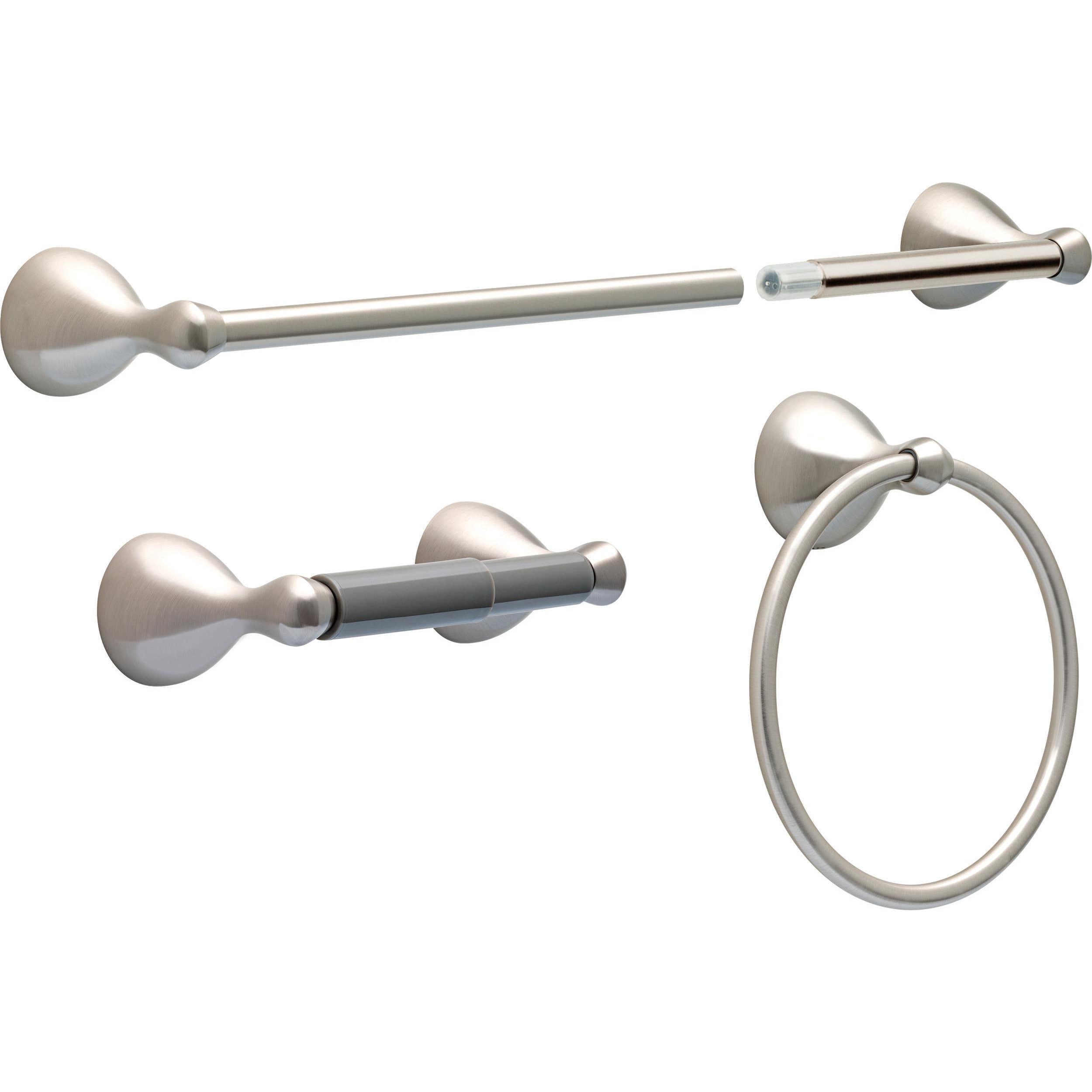 Juego de Hardware Decorativo para Baño de 3 Piezas en Acabado Níquel Cepillado Delta, Incluye Barra de Toalla, Porta Papel de Baño y Argolla para Toalla con Protector de Manchas (FNDS63-BN)