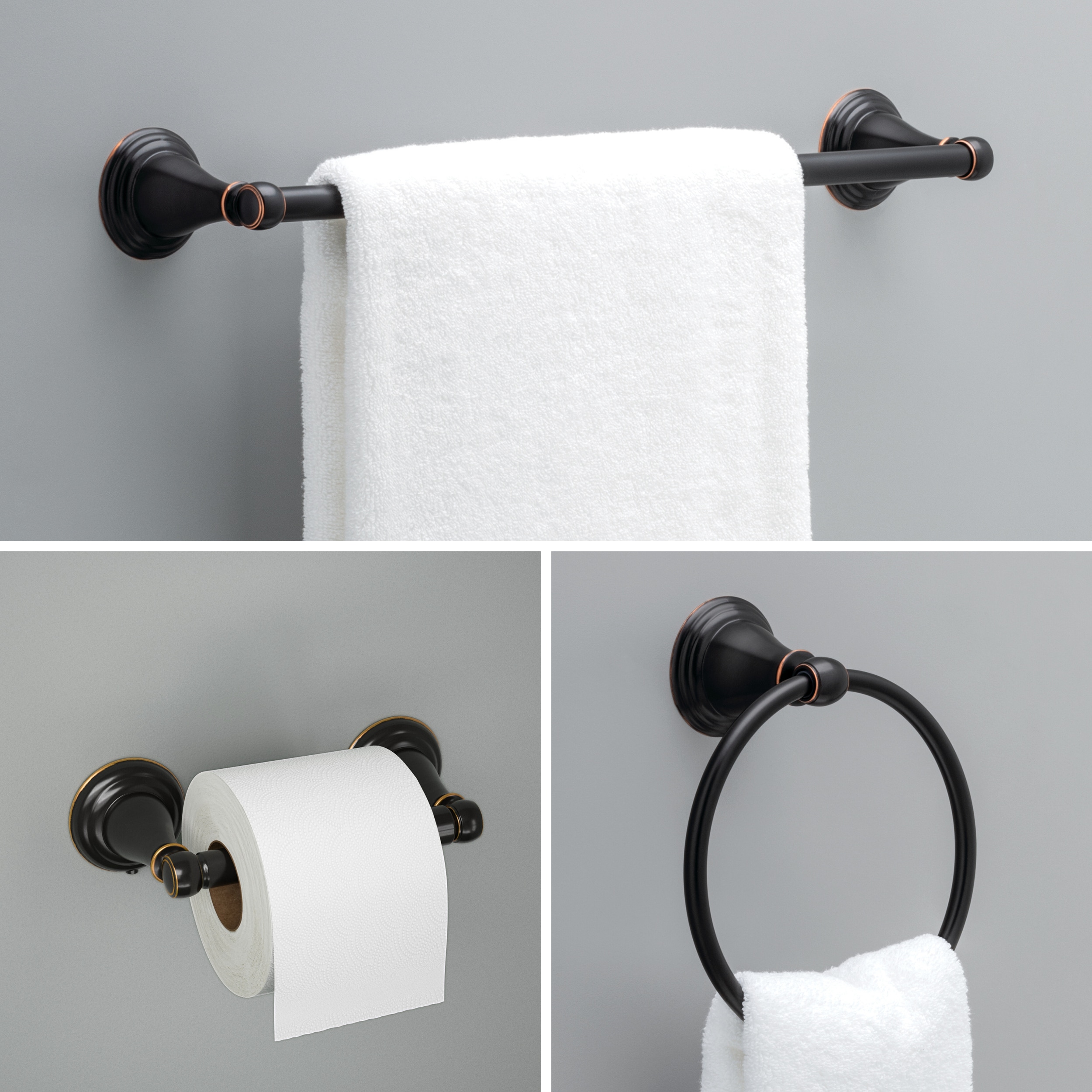 Juego de Accesorios para Baño Decorativos en Bronce Frotado con Aceite Delta Windemere de 3 Piezas - Barra para Toallas, Porta Rollos de Papel Higiénico y Argolla para Toallas incluidos WIN63-OB-R