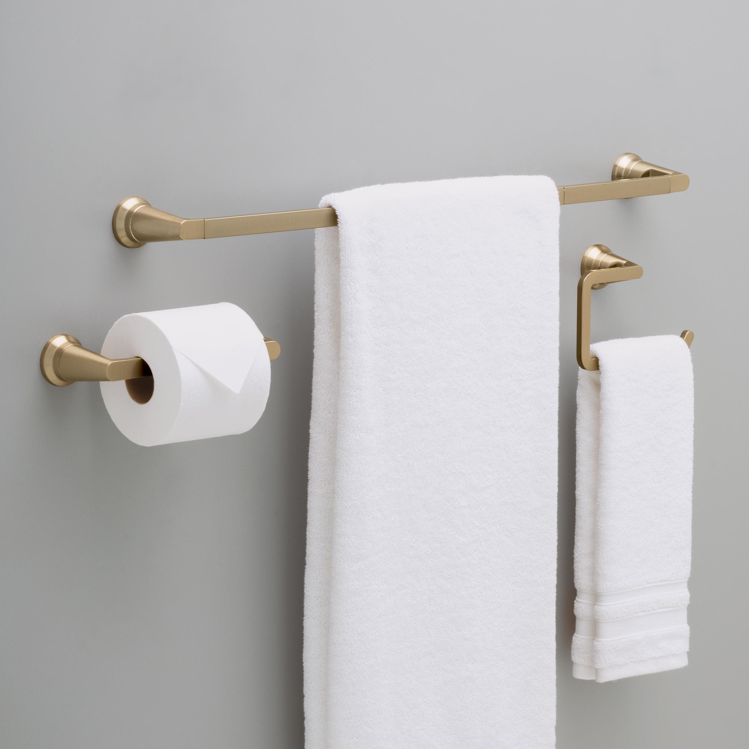 Juego de accesorios de baño decorativos en bronce color champán de 3 piezas Delta Sparrow: barra de toalla, portarrollos y argolla para toalla, incluidos SPR63-CZ.