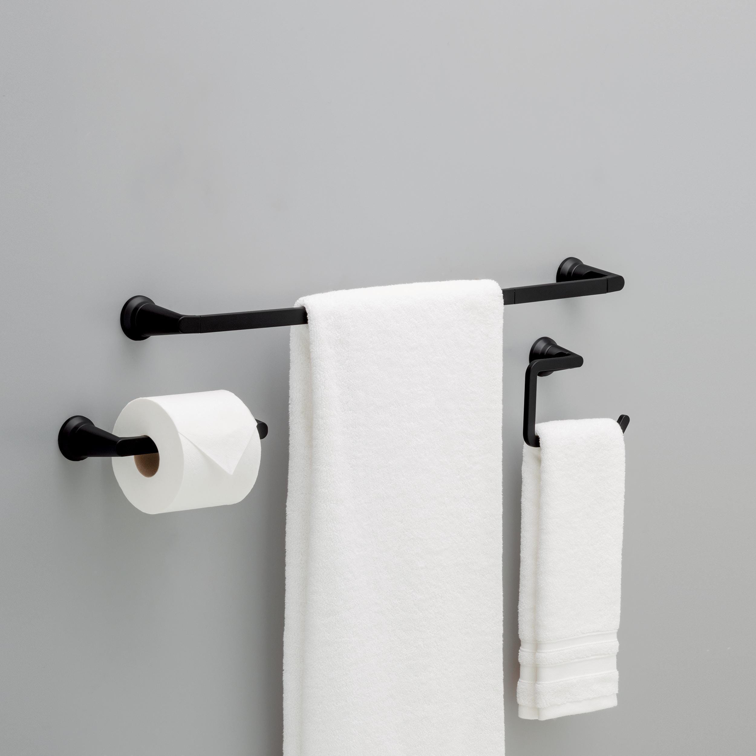 Juego de accesorios de baño decorativos en negro mate "Delta 3-Piezas Gorrión": Barra para toallas, portarrollos de papel higiénico y argolla para toallas (Incluye SPR63-MB)