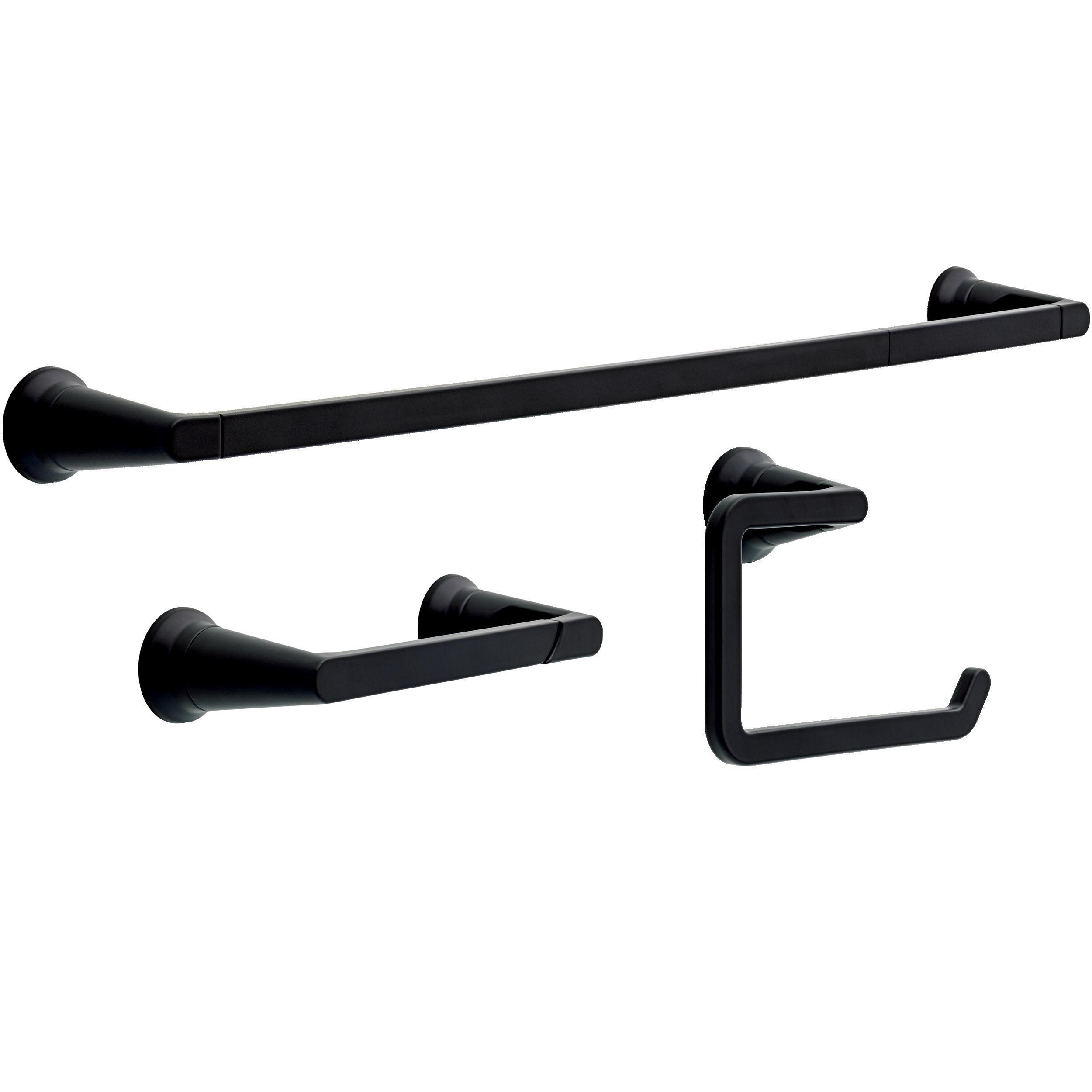Juego de accesorios de baño decorativos en negro mate "Delta 3-Piezas Gorrión": Barra para toallas, portarrollos de papel higiénico y argolla para toallas (Incluye SPR63-MB)