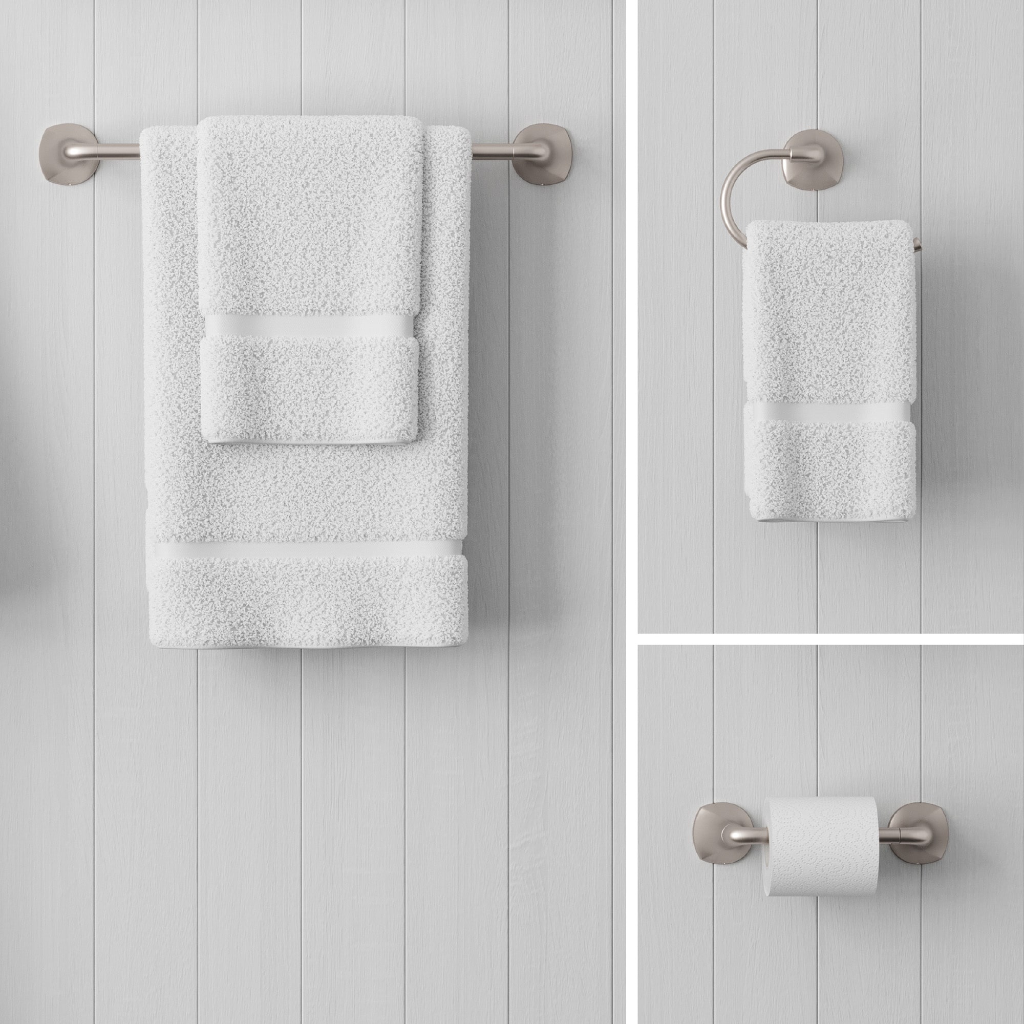 Juego de accesorios decorativos para baño en níquel cepillado Rancho de 3 piezas de Pfister: Barra para toalla, portarrollos de papel higiénico y argolla para toalla incluidos BTB-RCH3GS.