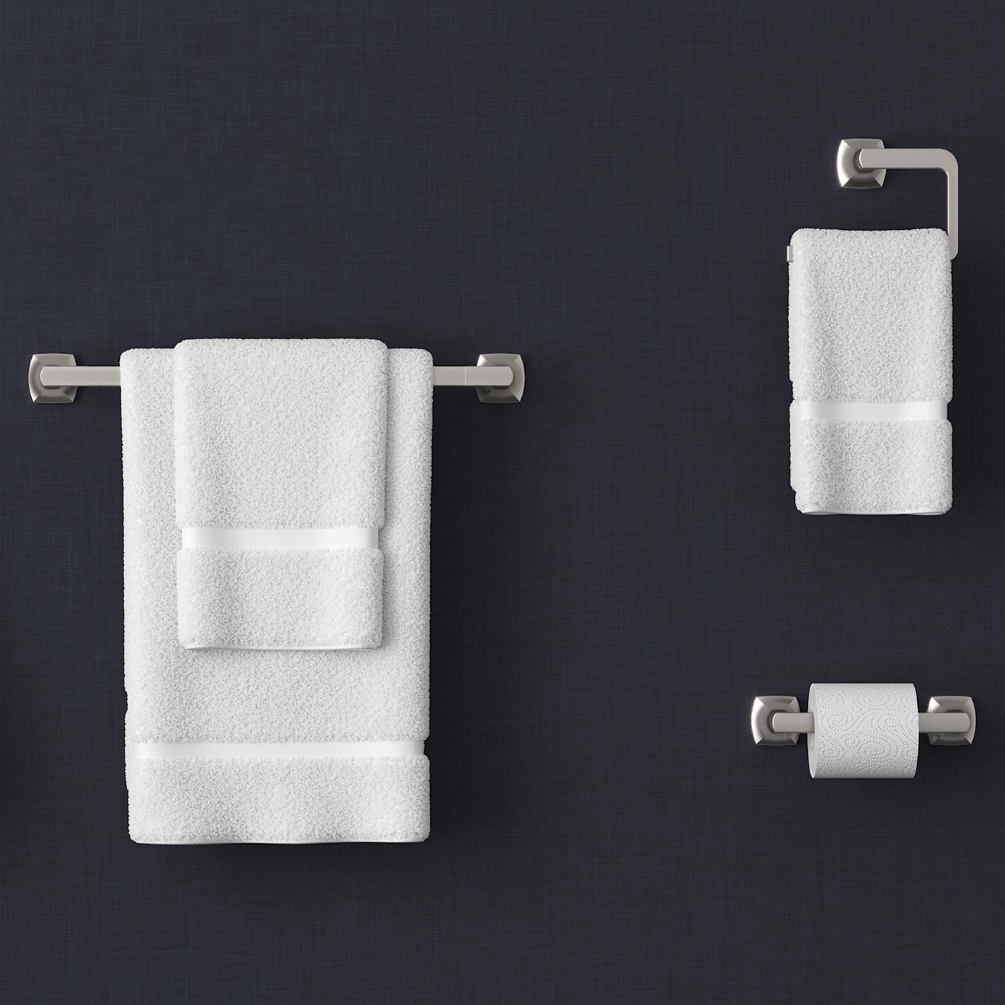 Juego de Accesorios de Baño Decorativos con Acabado en Níquel Cepillado y Protección contra Manchas Pfister de 3 Piezas: Barra de Toallas, Porta Papel Higiénico y Anillo de Toallas. Incluidos BTB-VRI3GS.