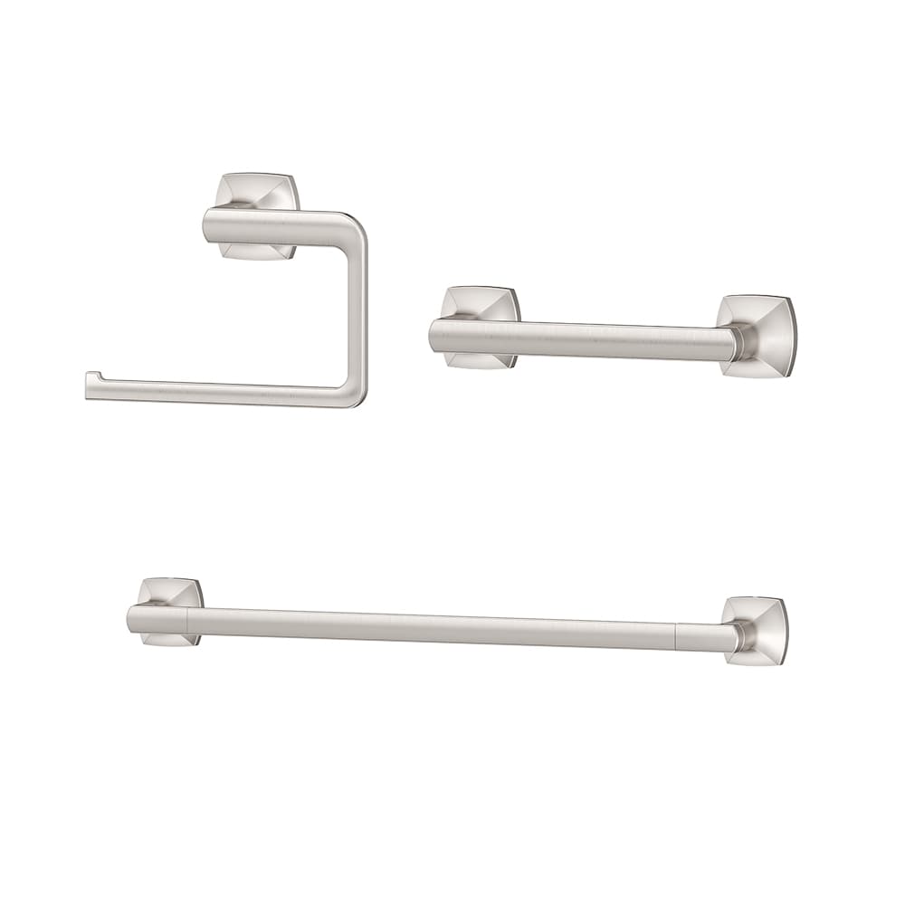 Juego de Accesorios de Baño Decorativos con Acabado en Níquel Cepillado y Protección contra Manchas Pfister de 3 Piezas: Barra de Toallas, Porta Papel Higiénico y Anillo de Toallas. Incluidos BTB-VRI3GS.