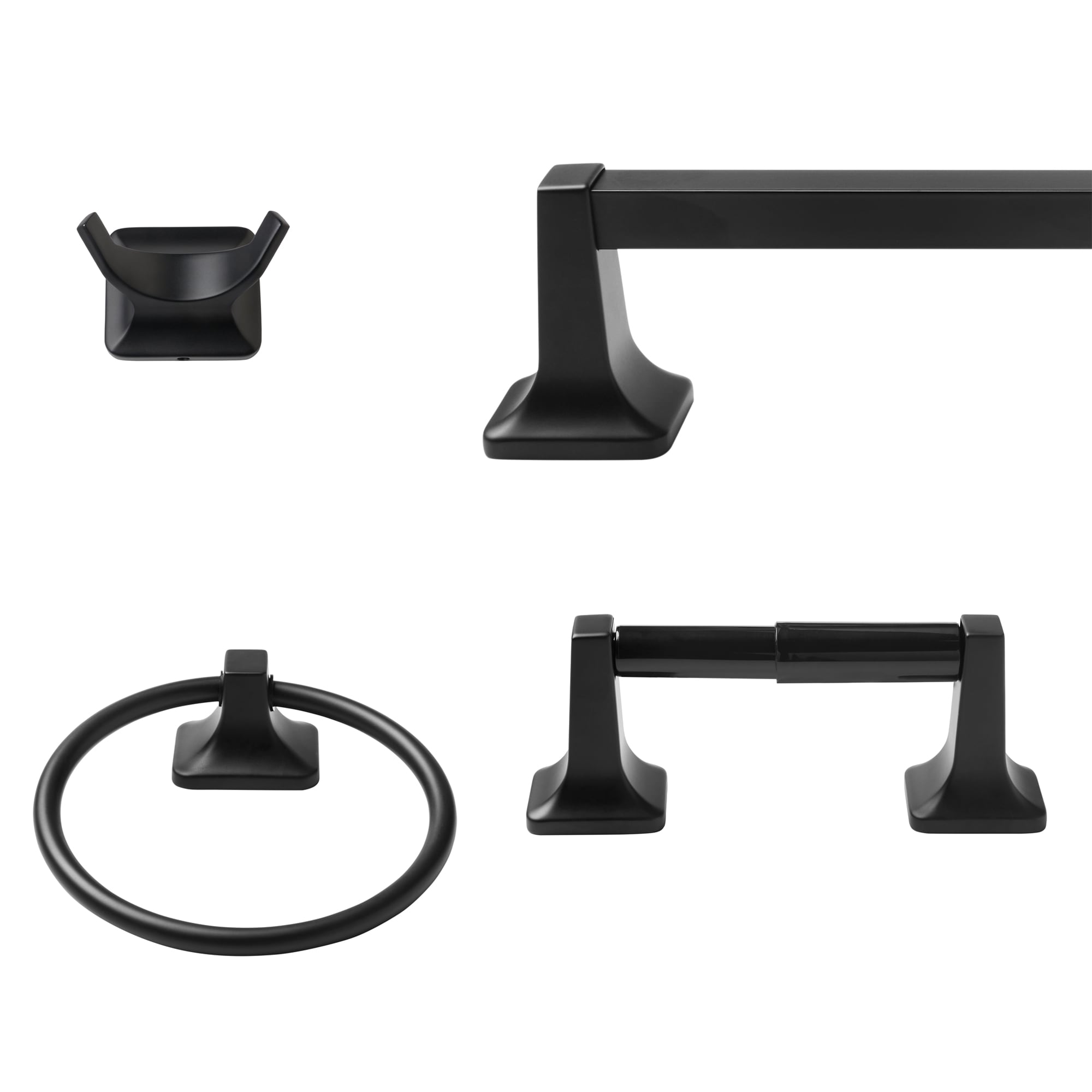 Juego de Baño Decorativo en Negro Mate de 4 Piezas - Barra de Toallas, Porta Papel Higiénico, Anillo para Toalla, Gancho para Batas incluidos